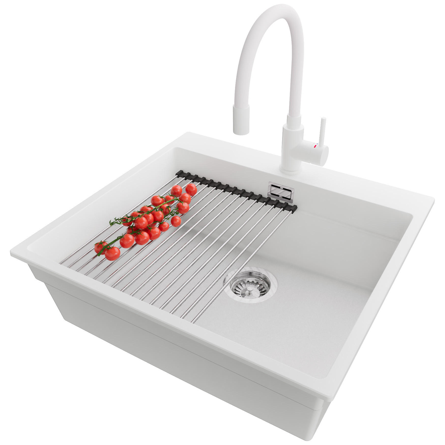 GRANITSPÜLE Oslo, 4-er set Weiß 58/53 cm, 1 Becken + Küchenarmatur 38/14 cm + Ablauf-Set + Aufrollbare Abtropffläche ab 60er Unterschrank - Chromfarben/Weiß, Kunststoff (58/20/53cm) - Primagran