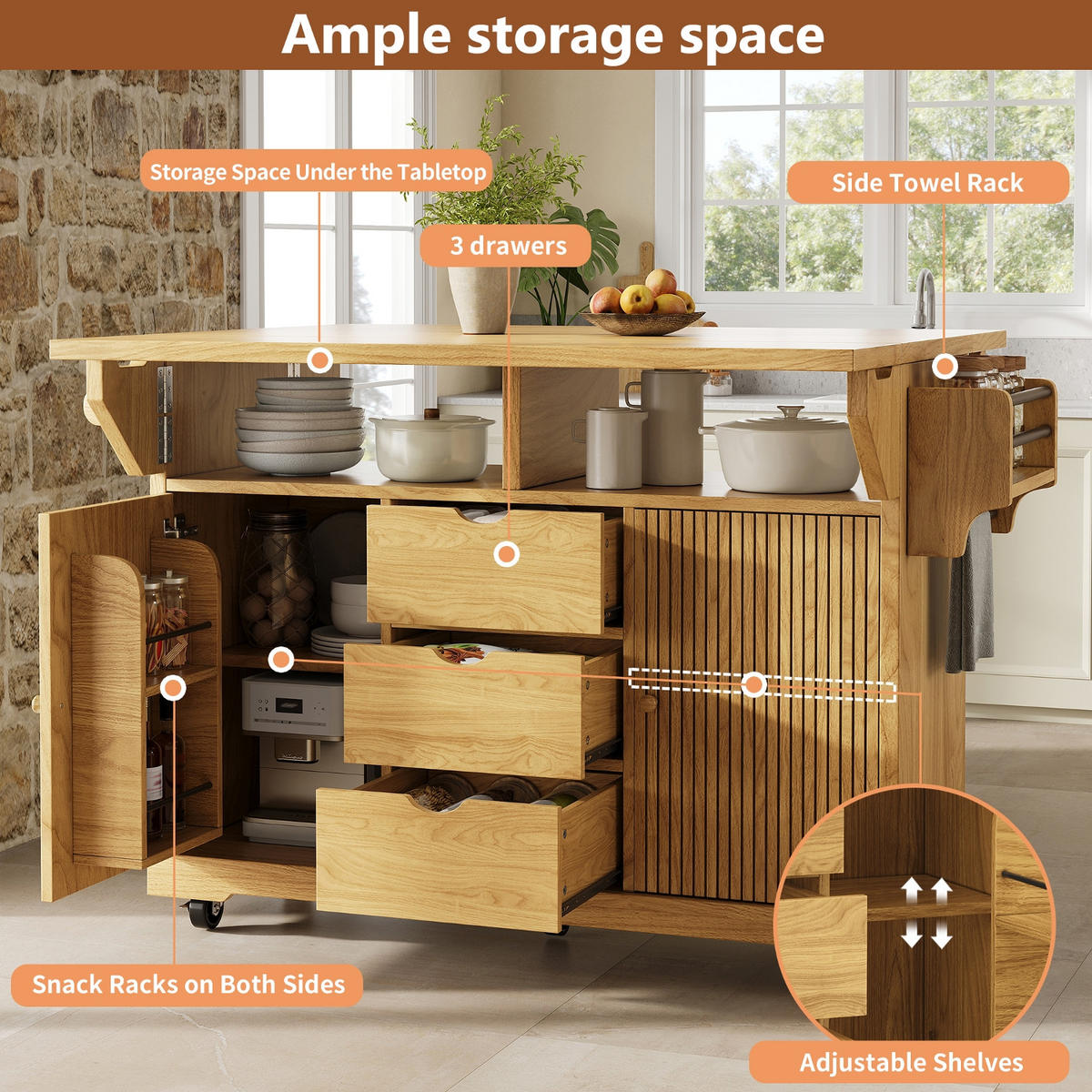 KÜCHENINSEL, AUSKLAPPBARE TISCHVERLÄNGERUNGEN, MDF Naturbraun, Küche, 142,5/80/95 cm - Braun, Holzwerkstoff (80/95/142.5cm) - Rolipo