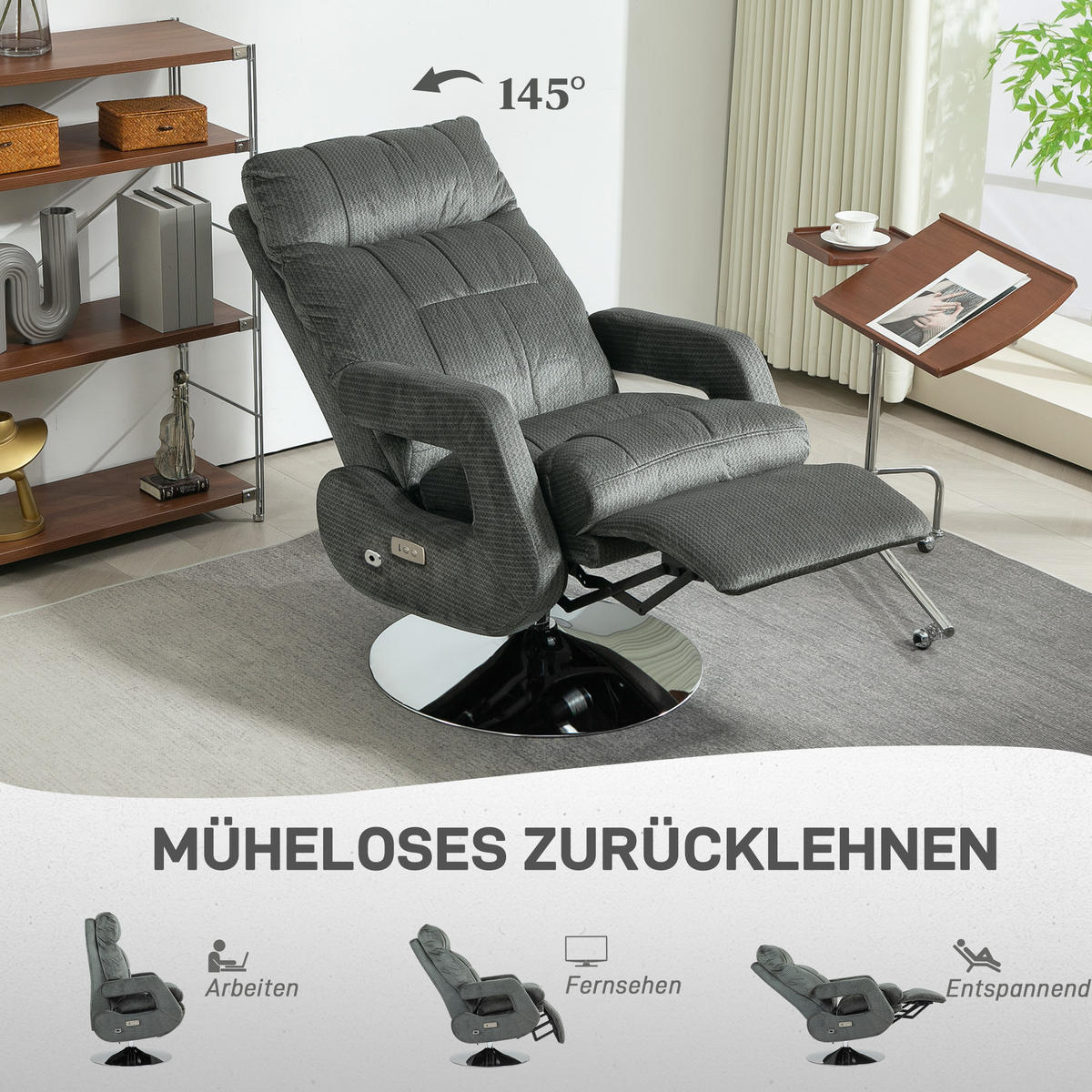 RELAXSESSEL elektrisch mit Liegefunktion, Dunkelgrau - Dunkelgrau, Textil (69/124/84cm) - HOMCOM