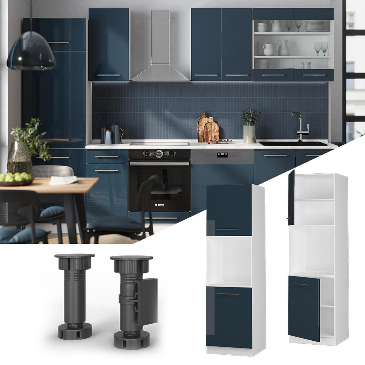 SKŘÍŇKA NA VESTAVĚNOU TROUBU Fame-Line Tmavě modrá s vysokým leskem - bílá/tmavě modrá, kompozitní dřevo (60/206.8/58cm) - Vicco