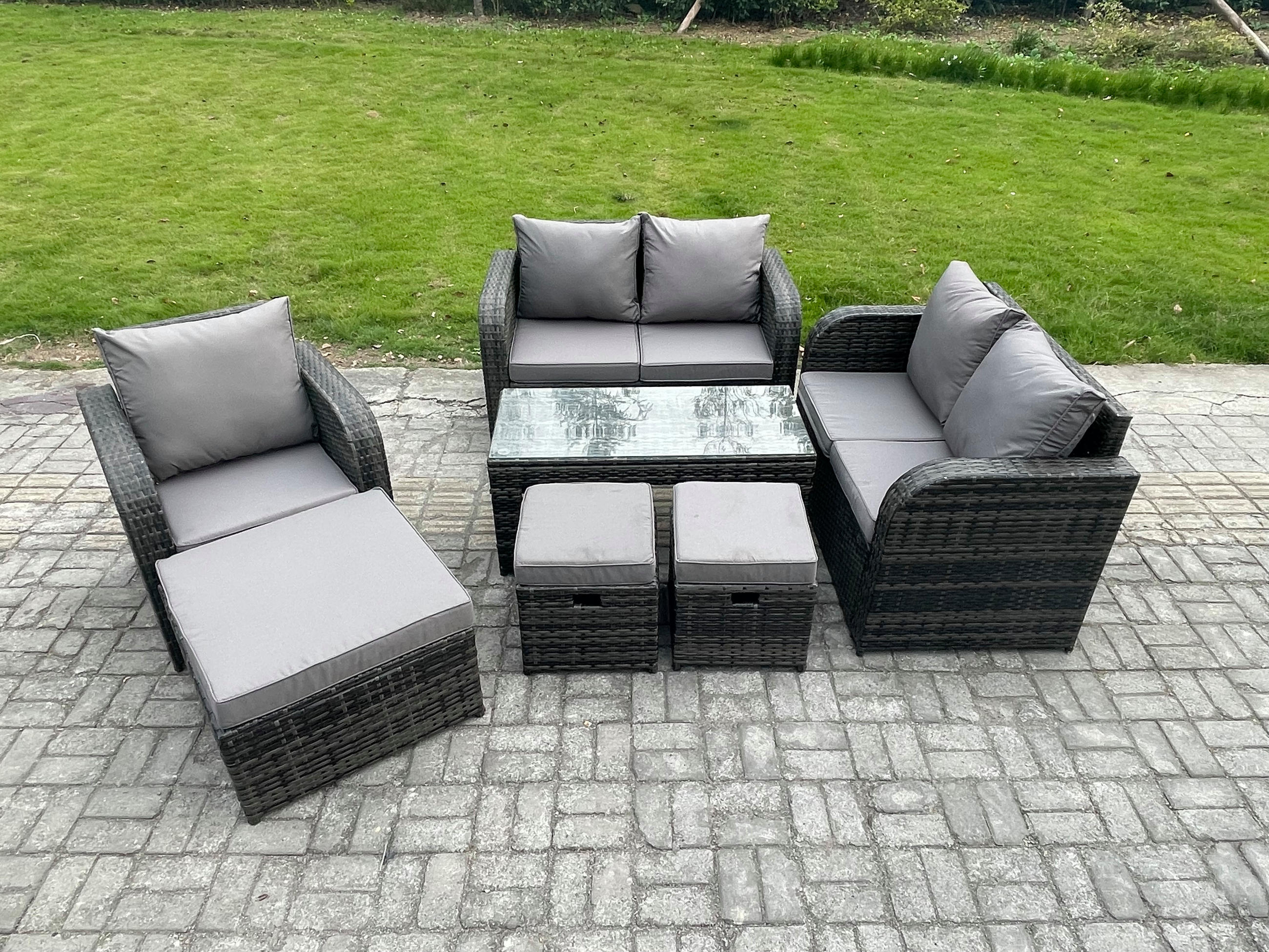GARTENSOFA SET mit rechteckigem COUCHTISCH Polyrattan 8-Sitzer Dunkelgrau - Dunkelgrau/Grau, Glas/Kunststoff - Fimous