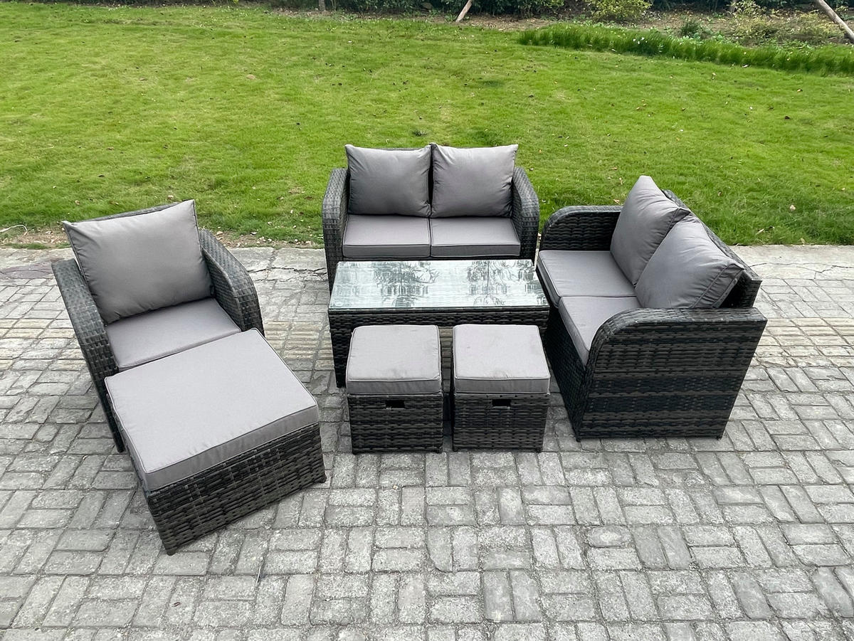 GARTENSOFA SET mit rechteckigem COUCHTISCH Polyrattan 8-Sitzer Dunkelgrau - Dunkelgrau/Grau, Glas/Kunststoff - Fimous