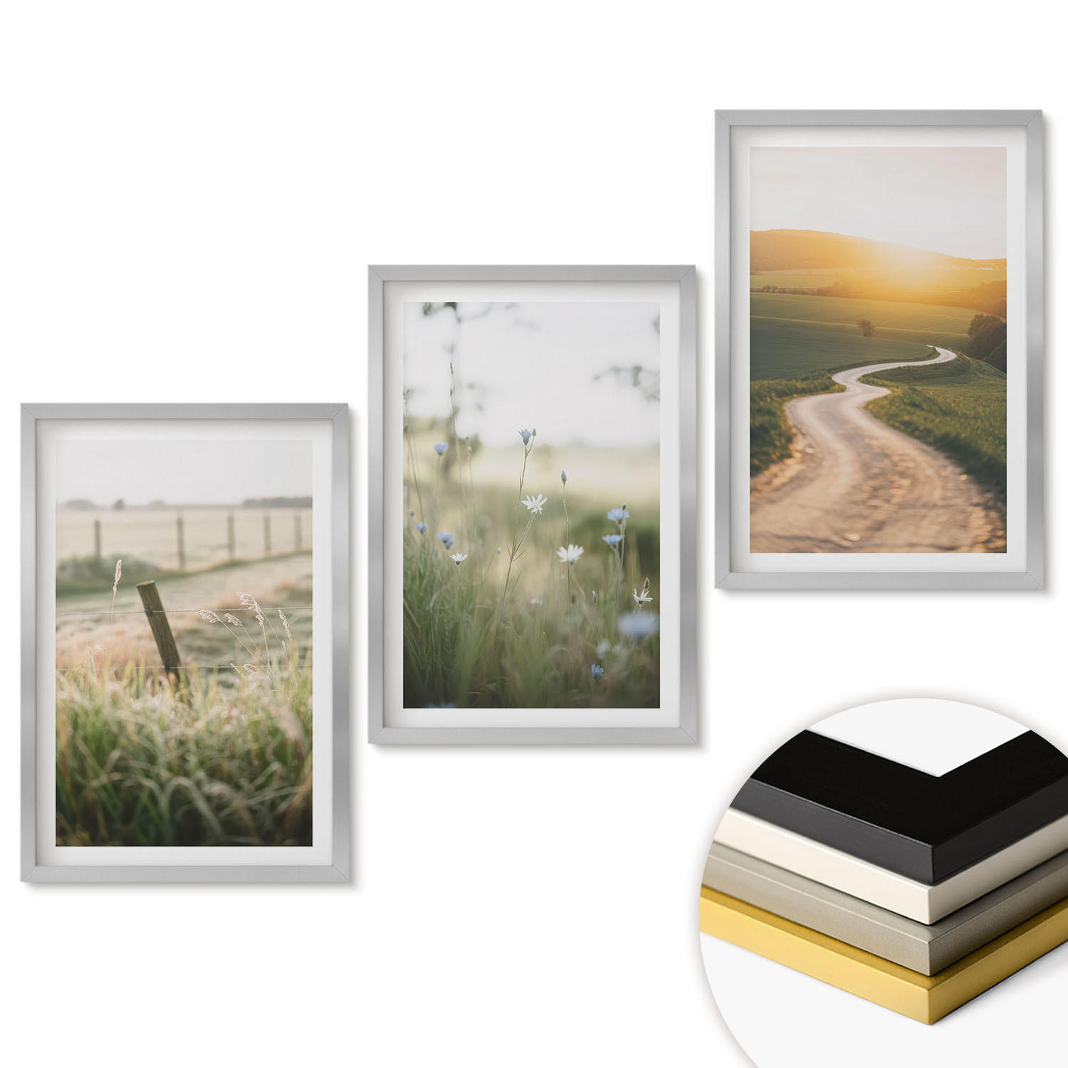 WANDBILDER 3er Set - 40x60 cm Silberner Rahmen - Landschaftswiesenstraße West - Silberfarben, Kunststoff (40/60cm) - ArtPrintCave