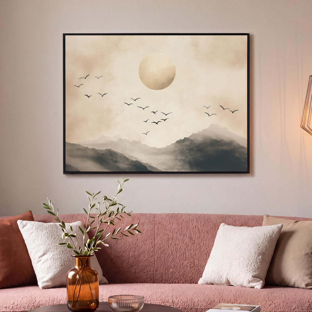 LEINWAND Bilder mit Rahmen - Landschaft - Japandi - Vogel - 100x70 - Beige, Textil (100/70cm) - MuchoWow