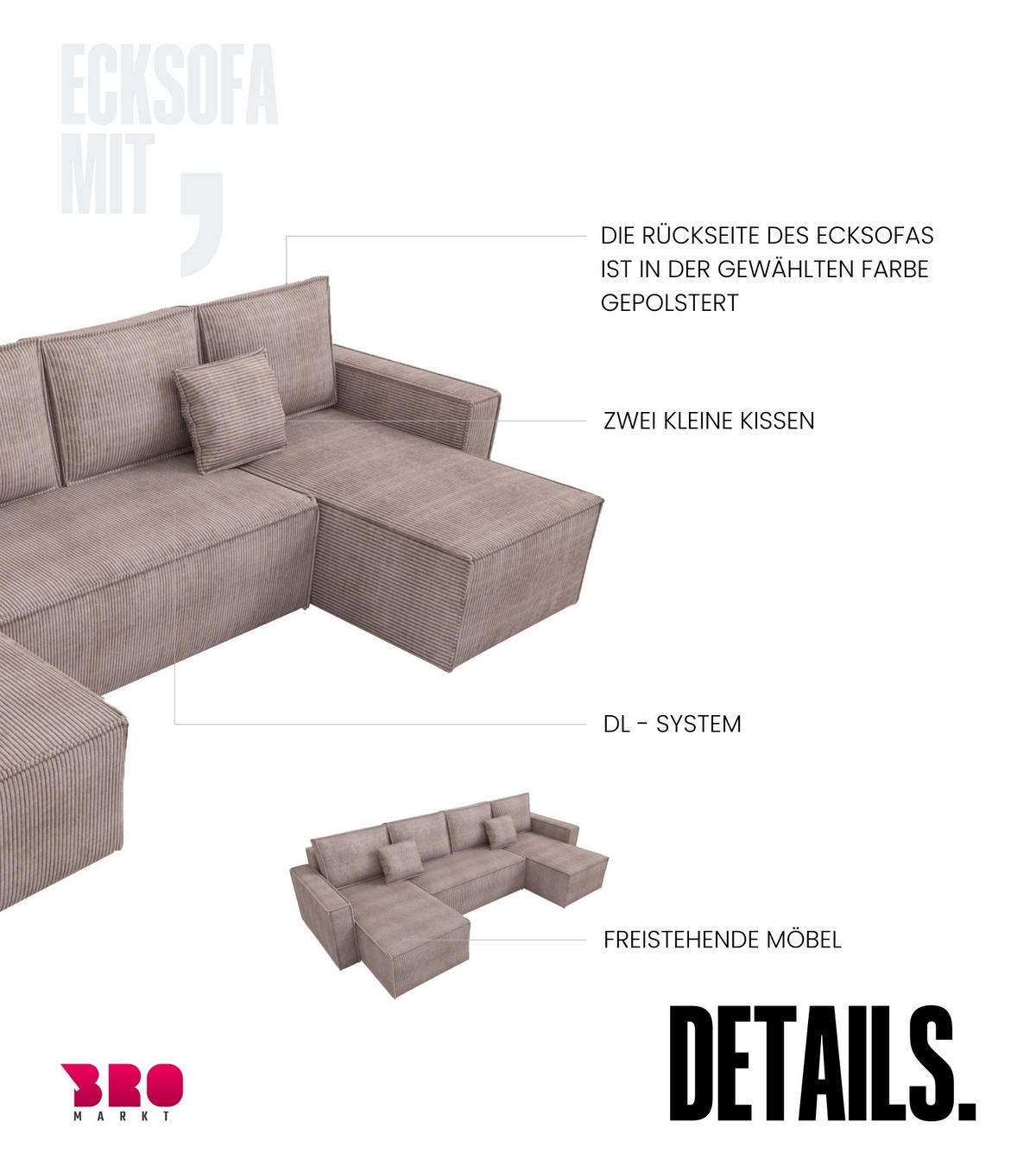 WOHNLANDSCHAFT Dexter U mit Schlaffunktion Puderrosa Cord - Rosa, Textil (310/80/141cm) - Bromarkt
