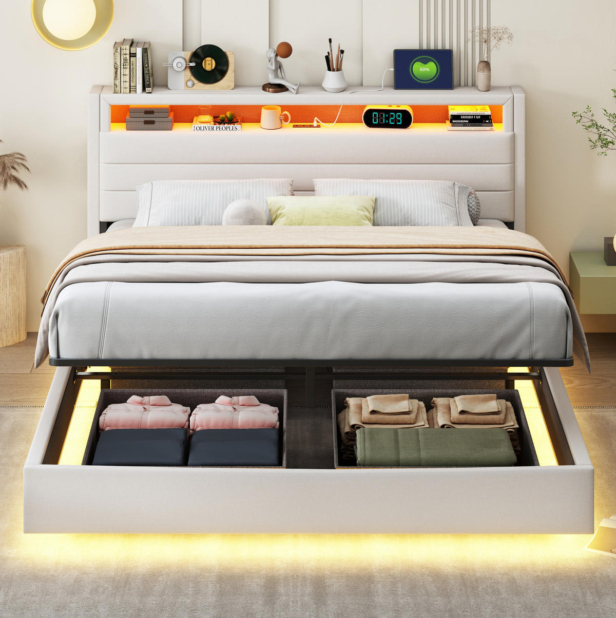 ČALÚNENÁ posteľ 160/200 cm s USB portom, LED osvetlením a hydraulickým úložným priestorom, Bežová - béžová, textil (160/200cm) - Redom