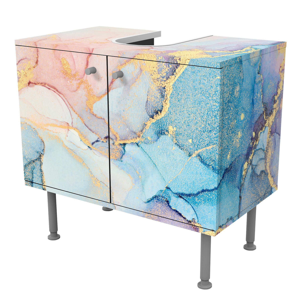 WASCHBECKENUNTERSCHRANK Aquarell Pastell Bunt mit Gold 60/55/35 cm - Pastellblau, Holzwerkstoff (60/55/35cm) - Bilderwelten