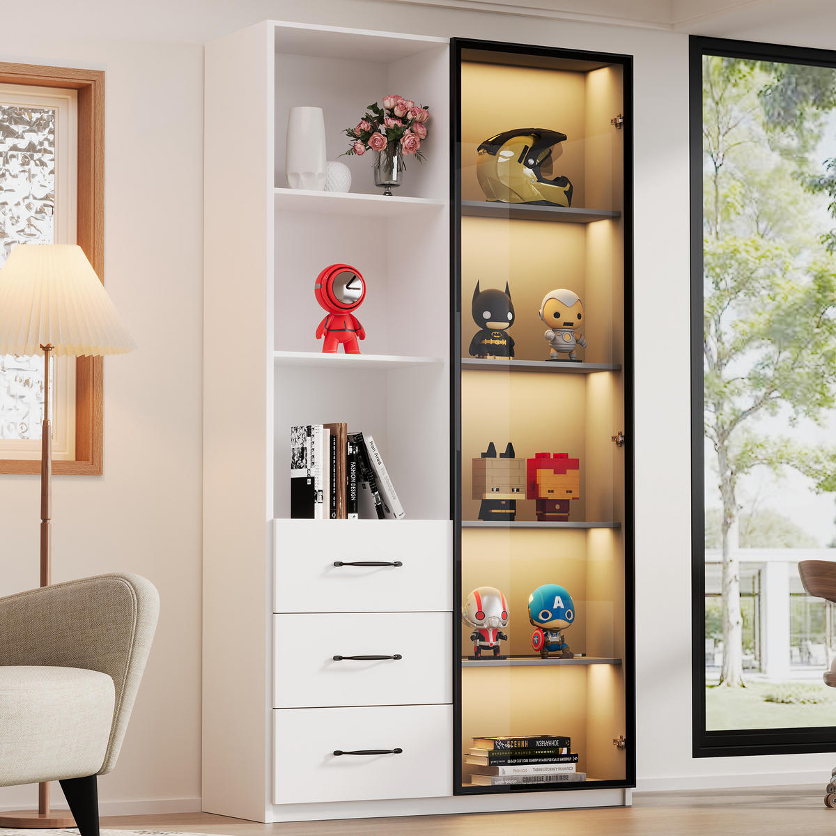 VITRINE 80cm Glas LED Aluminium 3 Schubladen 3 Fächer modern - Weiß, Holzwerkstoff (80/160/40cm) - FLIEKS
