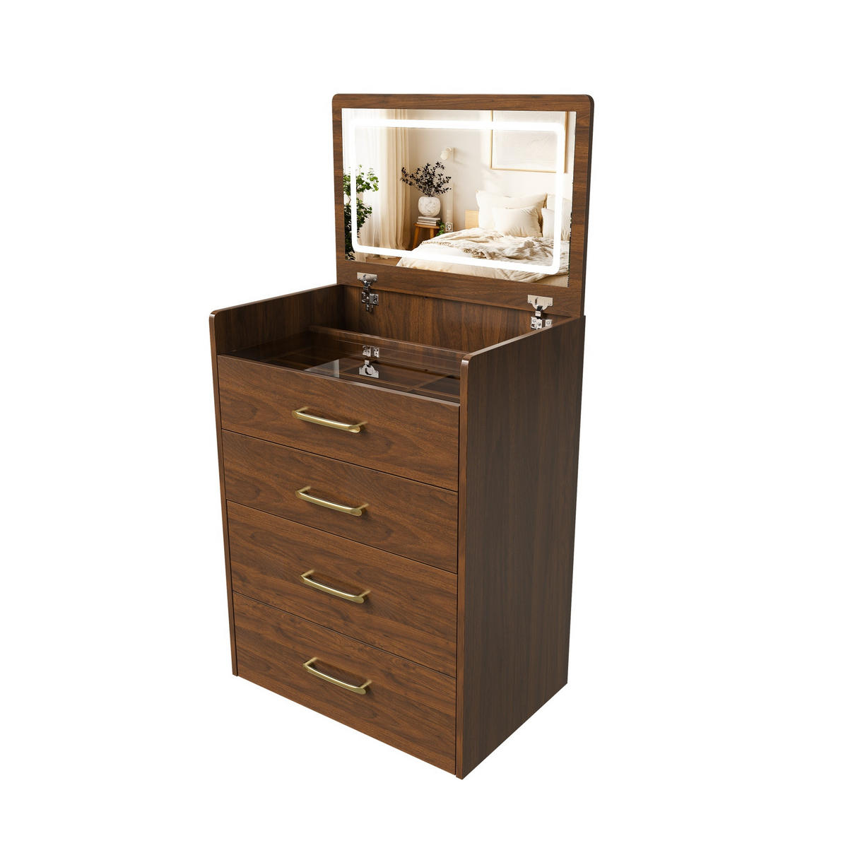 SCHMINKTISCH in Nussbaumfarben Frisiertisch mit Spiegel Glasplatte 3 Schubladen für Wohnzimmer B60/T40/H118cm - Nussbaumfarben, Glas/Holzwerkstoff (60/118/40cm) - STILVORA