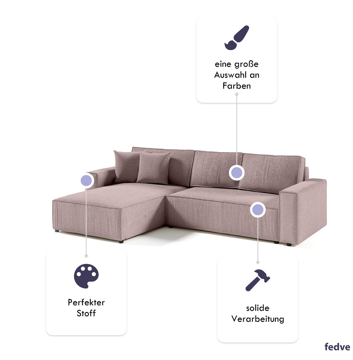 ECKSOFA Couch Sofagarnitur Sekwana L-form Rosa - Pink, Naturmaterialien (294/185cm) - Fedve
