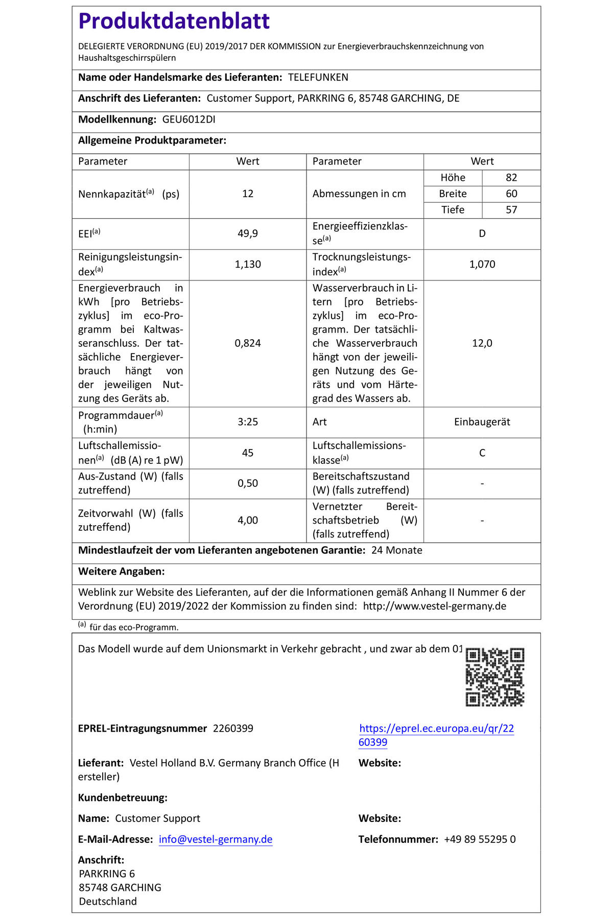 GESCHIRRSPÜLER, Unterbau 60 cm, 12 Maßgedecke, 6 Programme, AquaStop, Startzeitvorwahl, leise 45 dB, Speed-Wash, Eco, GEU6012DI - Silberfarben/Schwarz, Kunststoff/Metall (59.8/82/57cm) - Telefunken