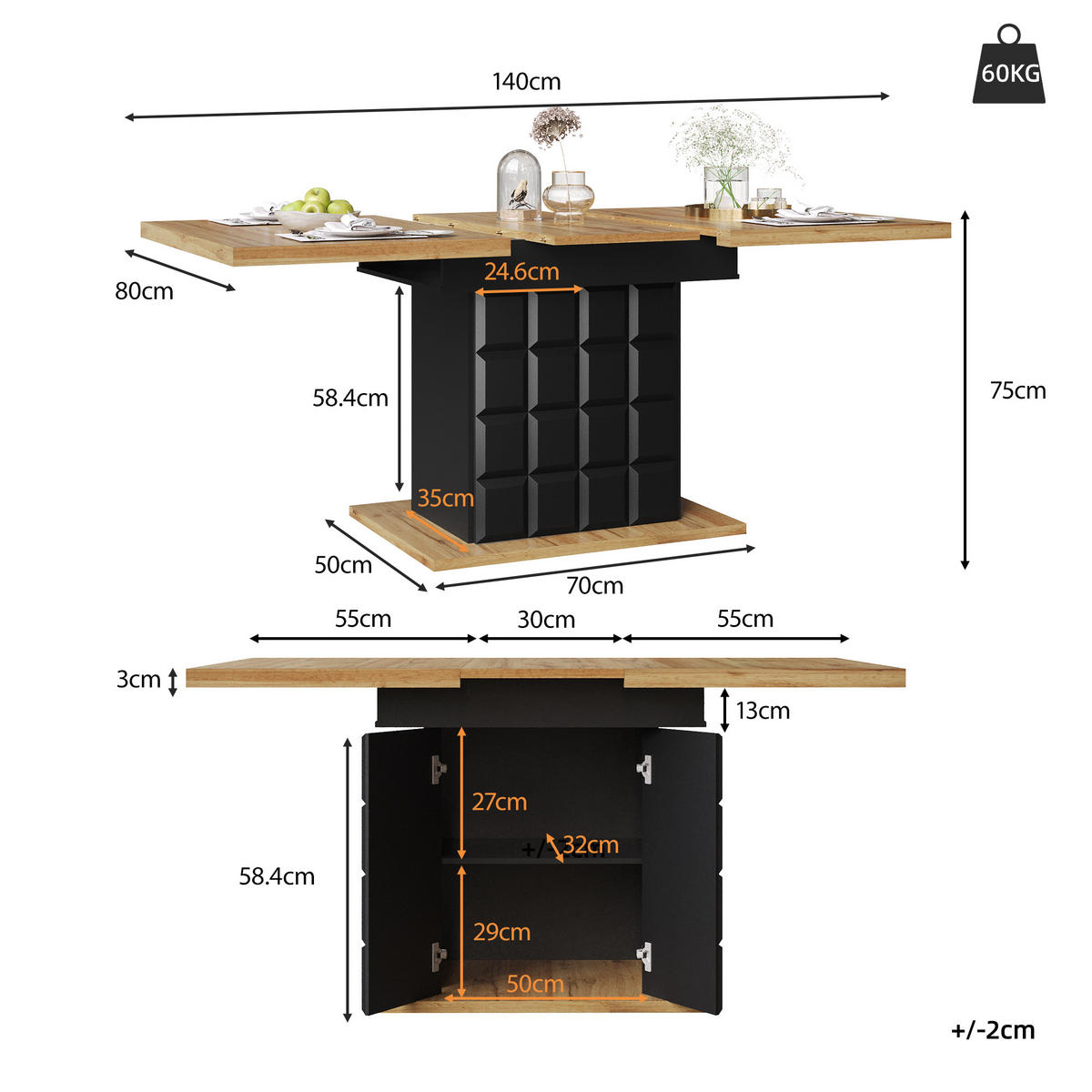 ESSTISCH 110-140x80x75 cm in Schwarz und Natur aus MDF mit beidseitigem Auszug ausziehbar - Naturfarben, Holzwerkstoff (140/80/75cm) - Modfu