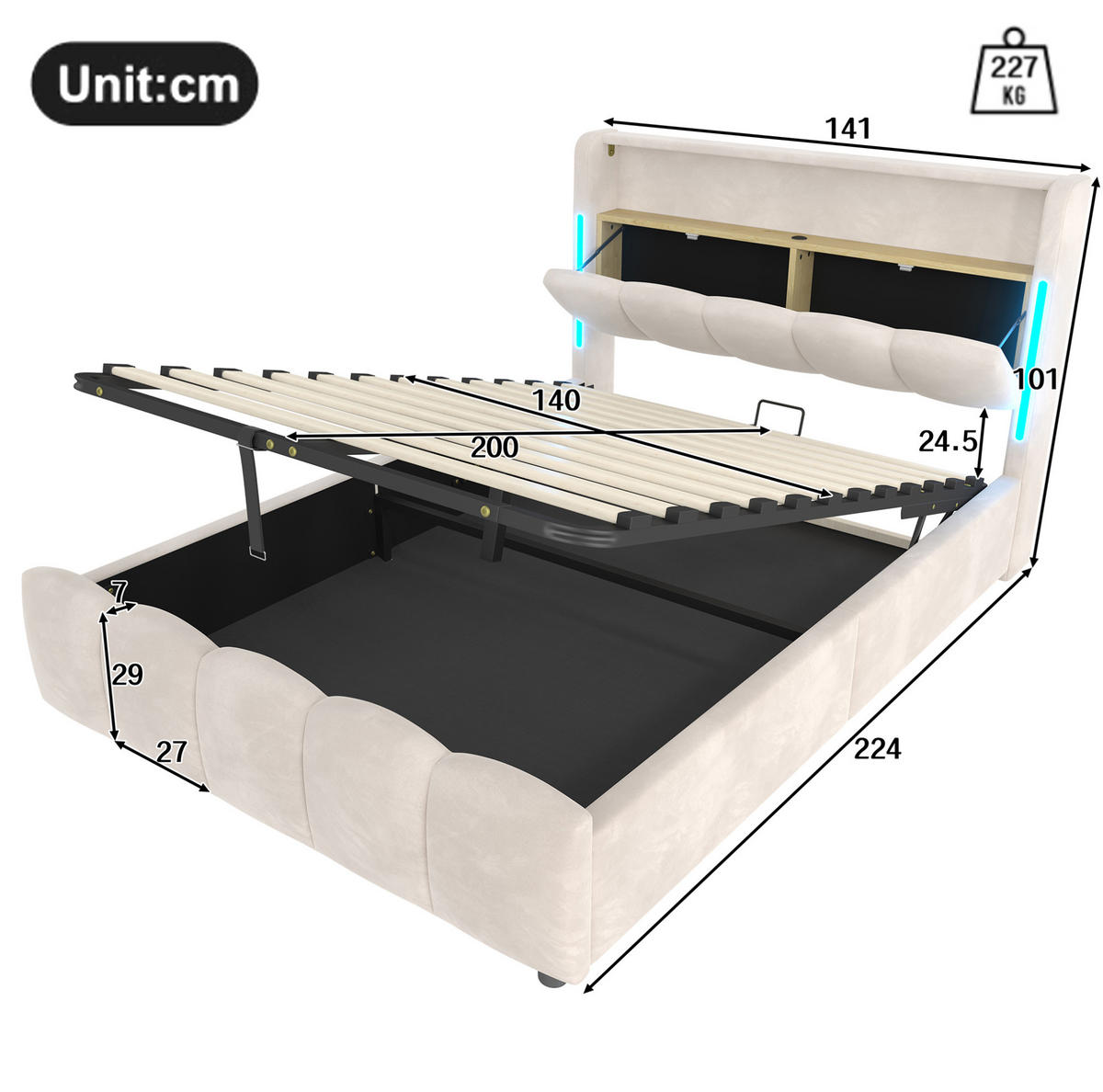 POLSTERBETT mit Stauraum 140x200 cm Samt Beige mit LED - Beige, Metall (140/200cm) - Meubliv