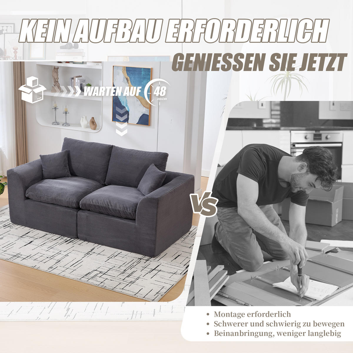 2-SITZER-SOFA XXL aus Cord mit Federkern-Polsterung Montagefrei - Dunkelgrau, Textil (204/84/102cm) - Urban Meuble
