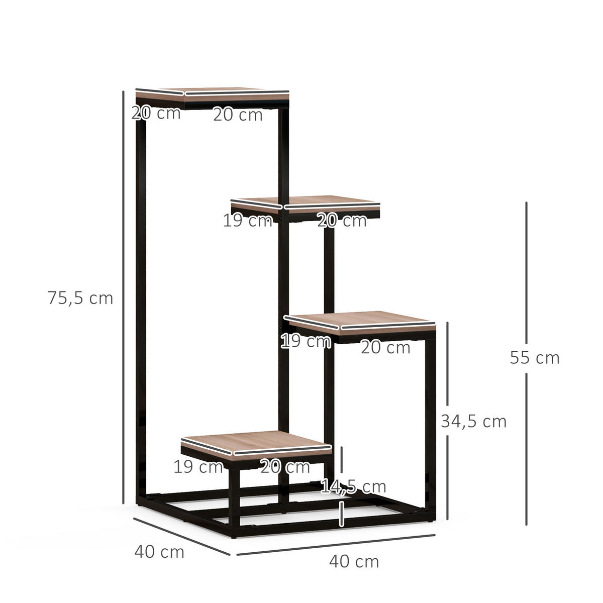 BLUMENTREPPE DE-12152 4-stufig, verschiedene Höhen, industriell Schwarz/Natur - Braun, Metall (40/75.5/40cm) - ComfortXL