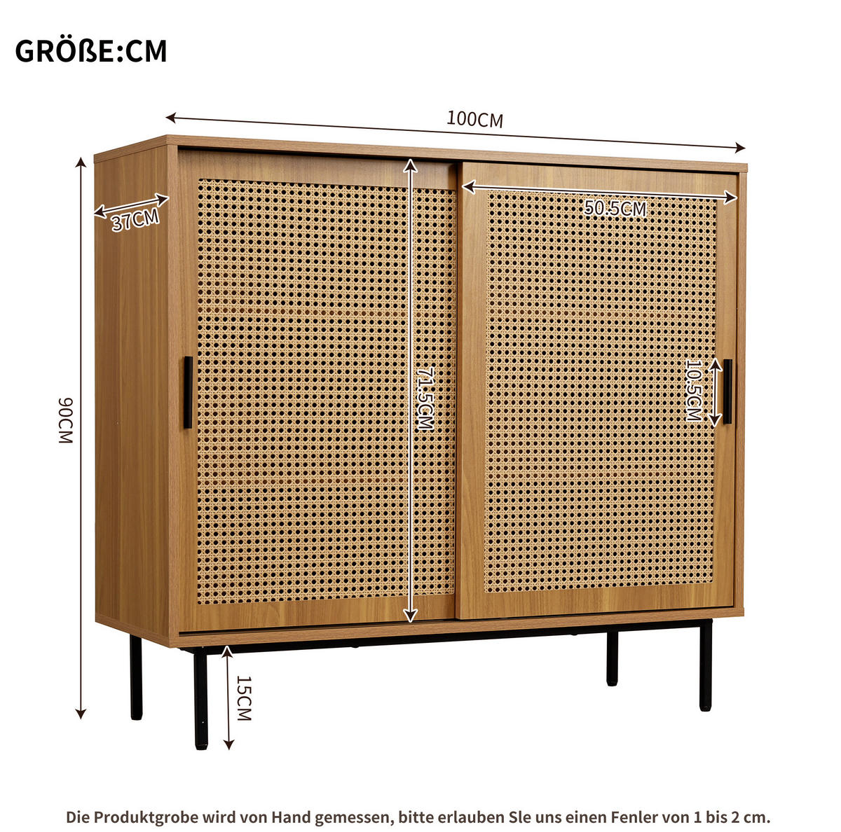 SIDEBOARD aus Spanplatte 100x37x90 cm Walnuss mit Rattan-Schiebetüren und 3 Regalböden - Walnussfarben, Holzwerkstoff (100/90/37cm) - IVMEU