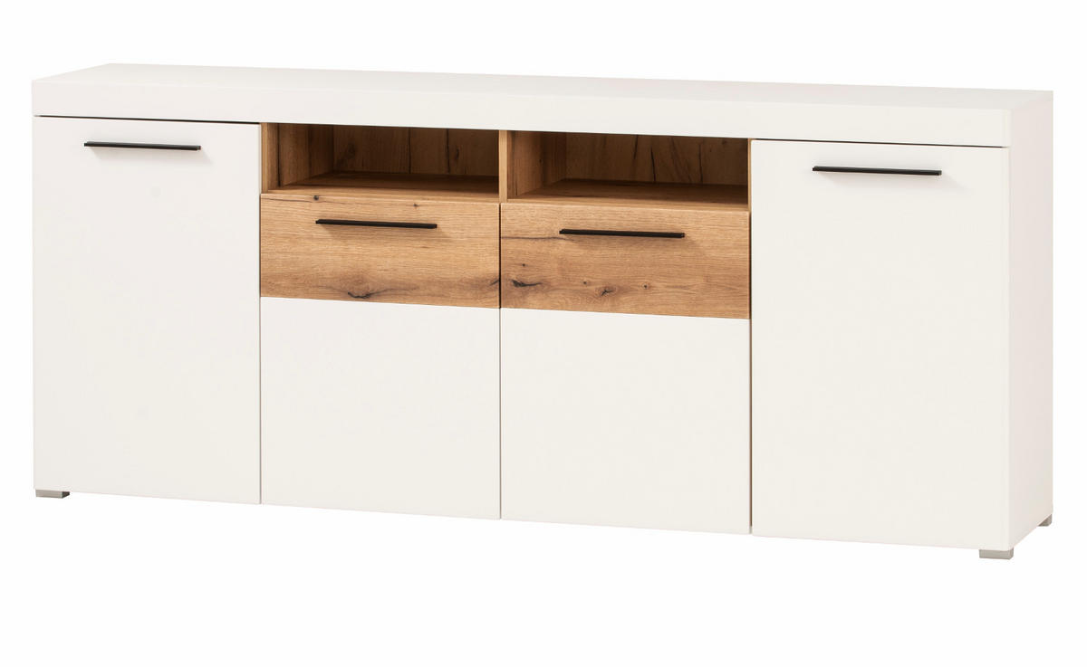 SIDEBOARD weiß matt, Evoke Eiche, Kommode 205 cm, Soft-Close-Funktion - Eichefarben/Silberfarben, Holzwerkstoff/Kunststoff (205/87/40cm)