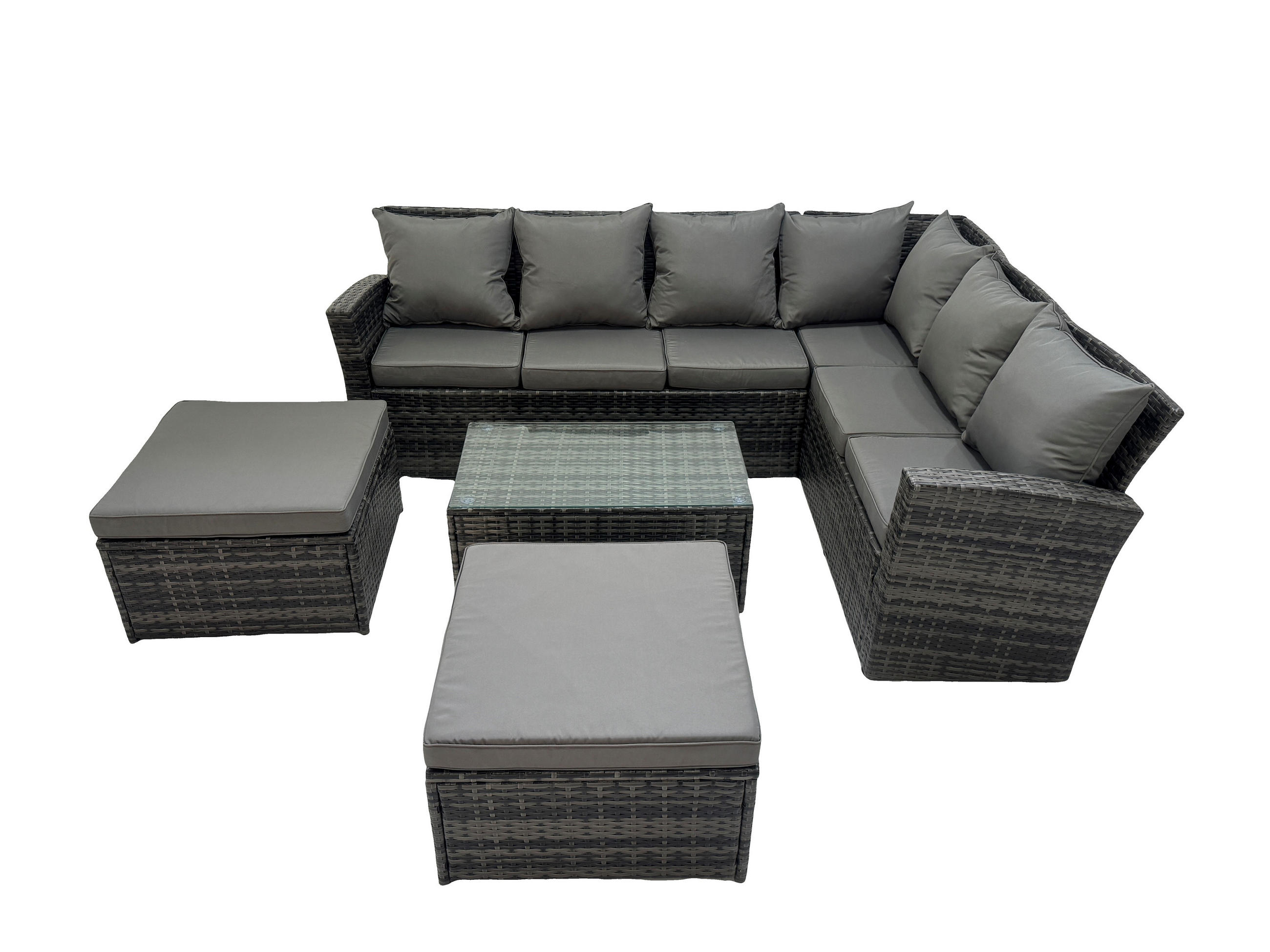 LOUNGEGARNITUR mit Couchtisch Sofa Polyrattan Dunkelgrau 8-Sitzer - Dunkelgrau/Grau, Glas/Kunststoff - Fimous