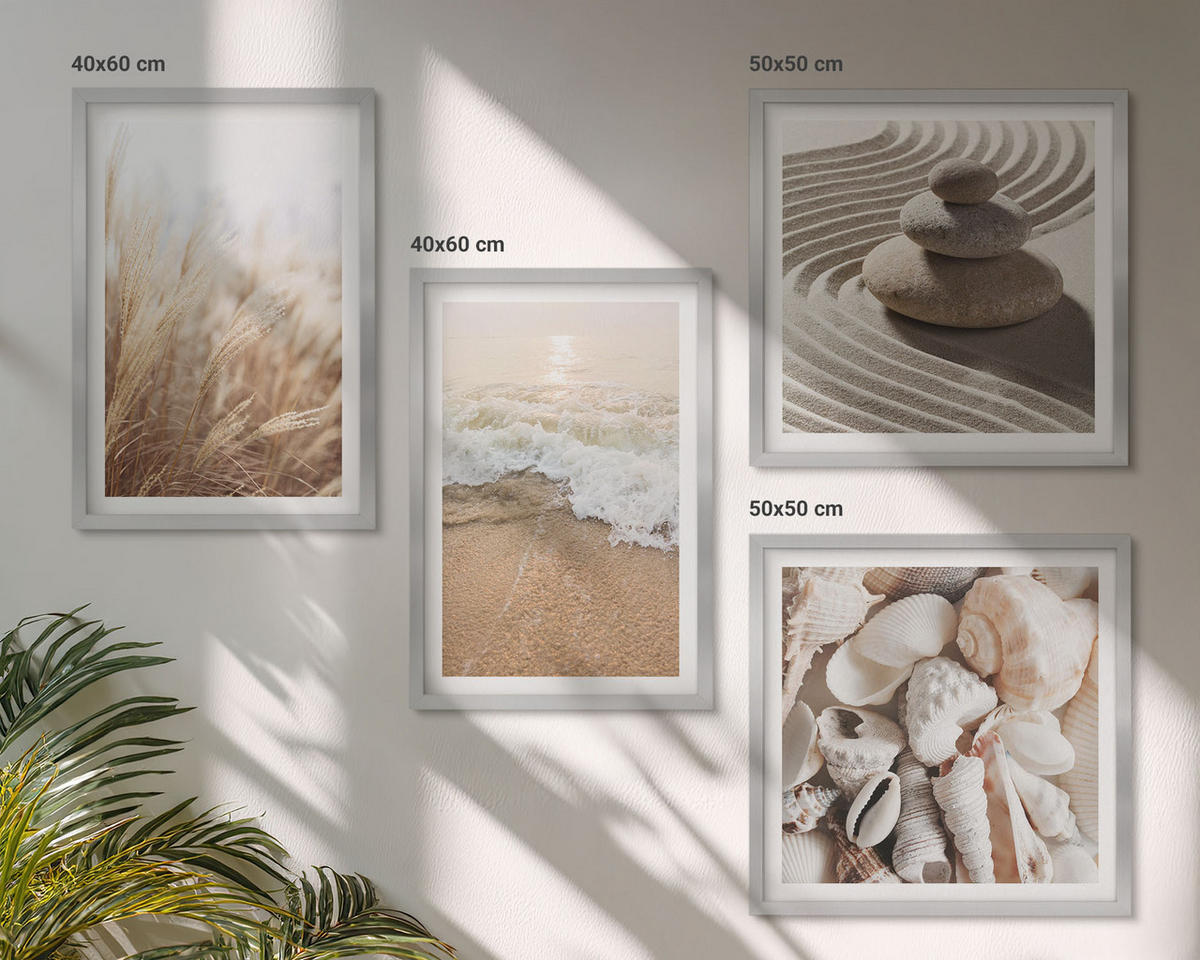 WANDBILDER 4er Set - 50x50 cm & 40x60 cm Silberner Rahmen - Strandmotive, Muscheln, Wellen - Silberfarben, Kunststoff (50/50cm) - ArtPrintCave
