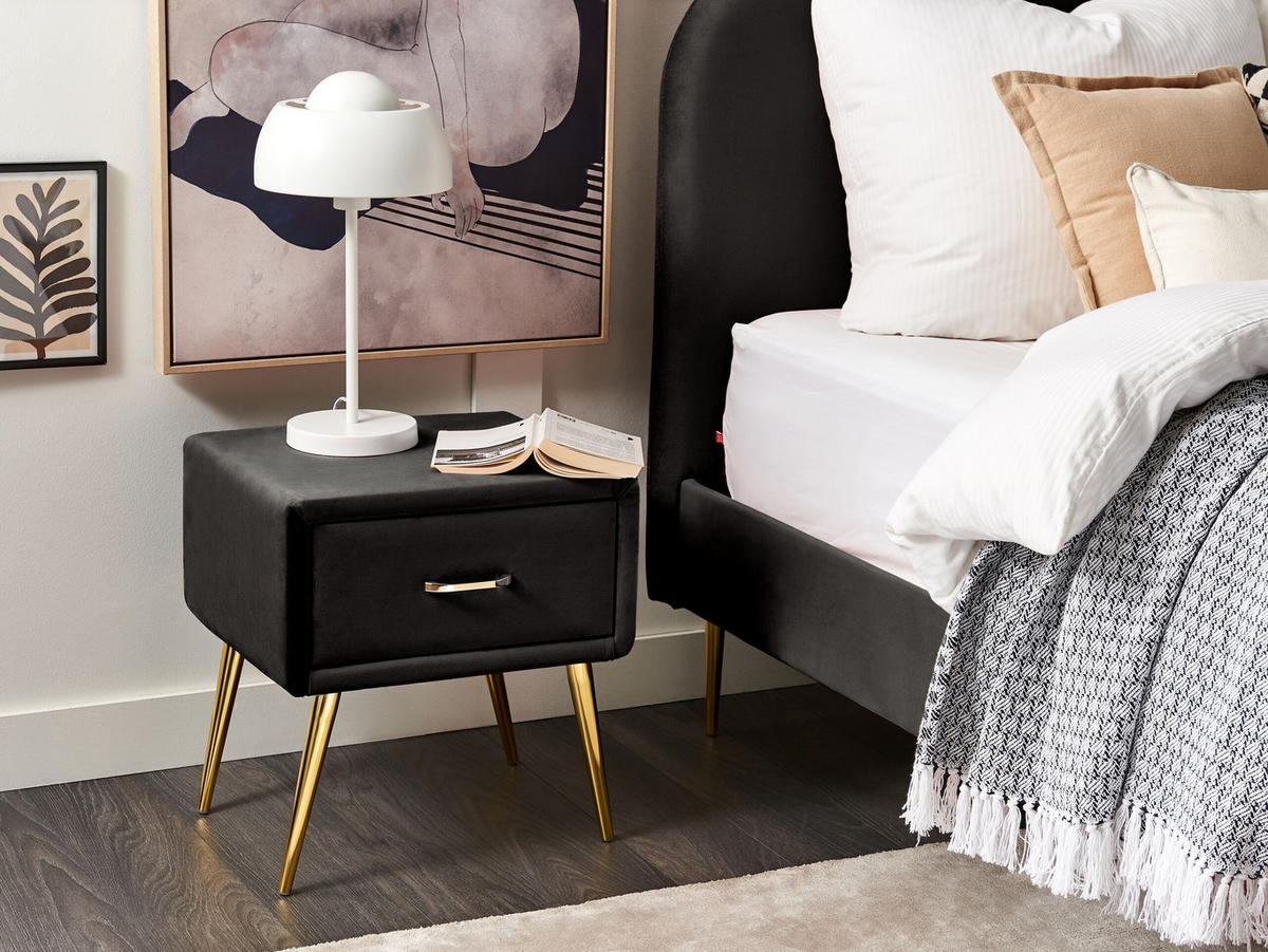 NACHTTISCH Samtstoff schwarz/gold 1 Schublade 38/46/49 cm Flayat - Goldfarben/Schwarz, Textil (46/49/38cm) - Beliani