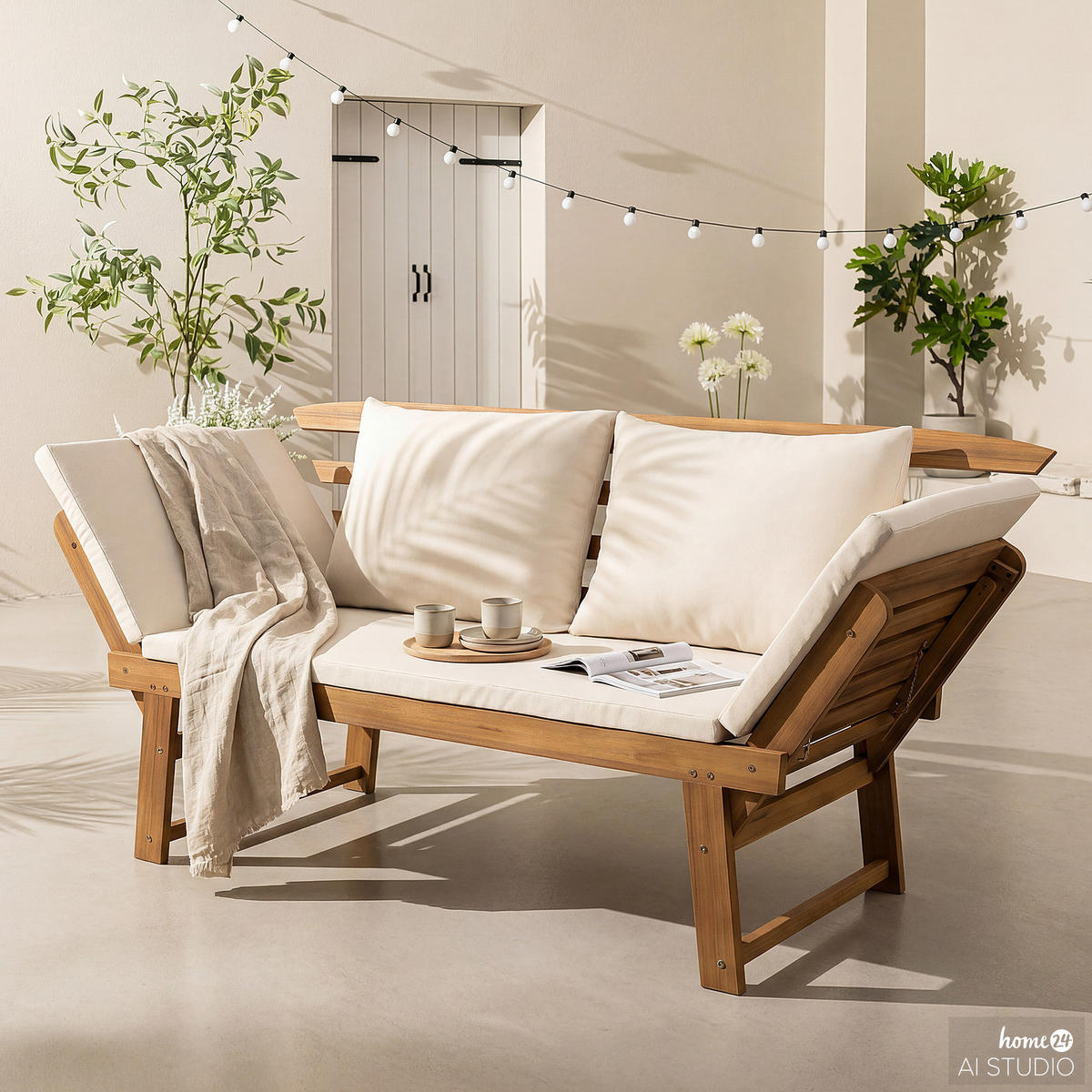 MASSIVE GARTENBANK - Akazie massiv / Webstoff - Weiß/Braun, Holz/Textil (159/85/67cm) - home24