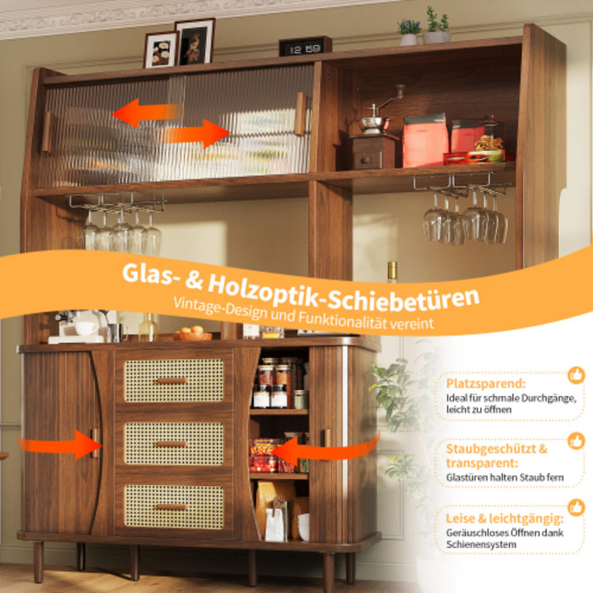 HOCHSCHRANK Nussbaumoptik aus MDF und Metall mit Rattanschubladen & Glasschiebetüren 140×40,5×174,5 cm - Nussbaumfarben, Holzwerkstoff (140/174.5/40.5cm) - Luhomfu