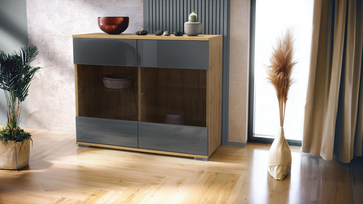 KOMMODE Bari Grau Hochglanz - Grau, Holzwerkstoff (92.5/75.5/35cm) - Vladon