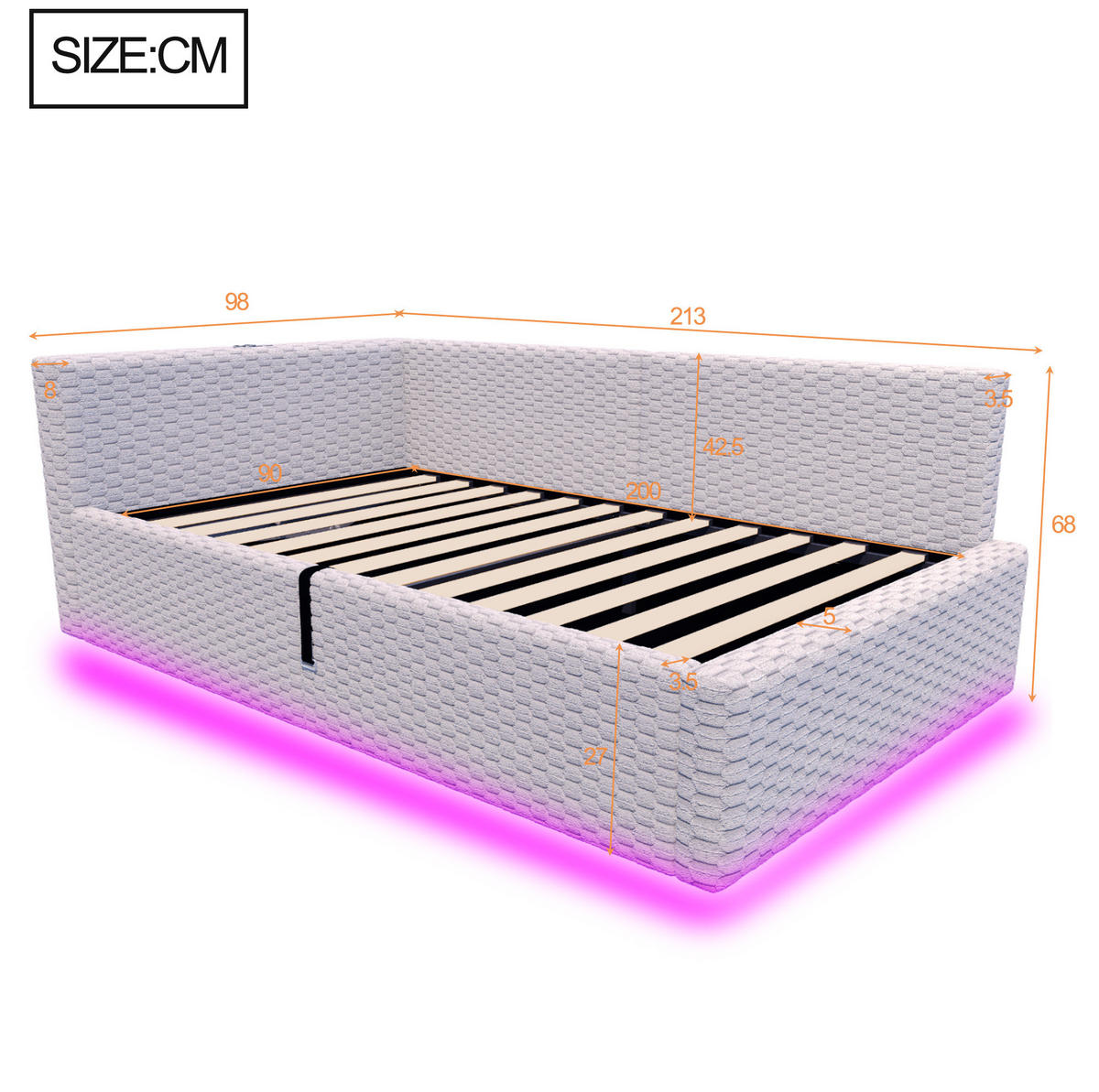 TAPECIRANI krevet 90/200 cm s LED osvjetljenjem, USB i Type-C priključkom te hidrauličnim spremnikom, Siva - siva, drvni materijal (90/200cm) - Redom
