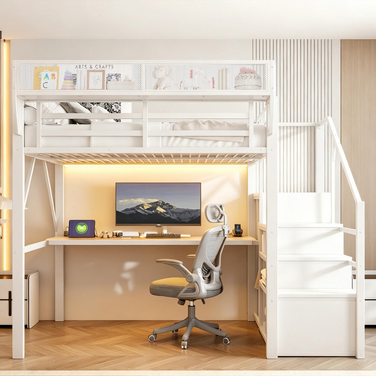 HOCHBETT 140/200 cm Weiß mit Langer Schreibtisch, Stauraumtreppe und LED-Beleuchtung - Weiß, Metall (140/200cm) - Oxeza