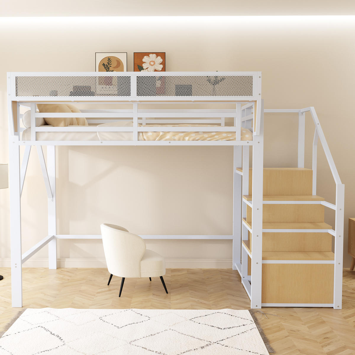 HOCHBETT 140/200 cm aus Metall mit Ablagefach und Leiter, Weiß - Weiß, Metall (140/200cm) - OKMYHOME