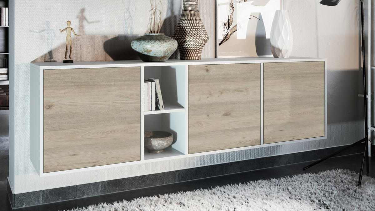 SIDEBOARD Cuba Türen in Eiche Nordic - Silbereichenfarben, Holzwerkstoff (182/53/35cm) - Vladon