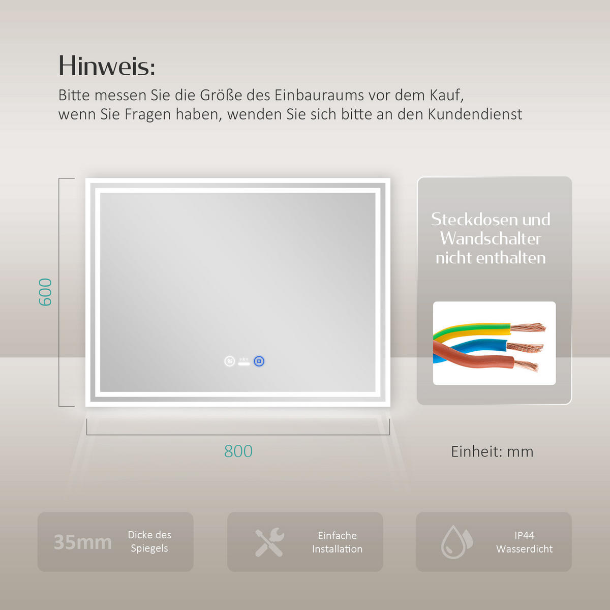 BADSPIEGEL mit Beleuchtung mit Bewegungssensor, 80/60/3,5 cm - Weiß, Glas (60/3.5/80cm) - EMKE