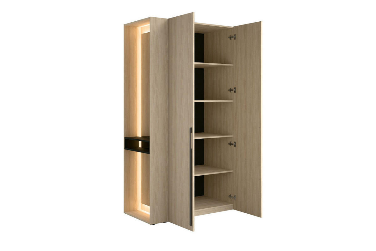 GARDEROBENSCHRANK BERTA 110 cm in Eiche Barista mit Einlegeböden, Spiegel und LED - Eichefarben, Holzwerkstoff (111/207/60cm) - Deine Möbel 24