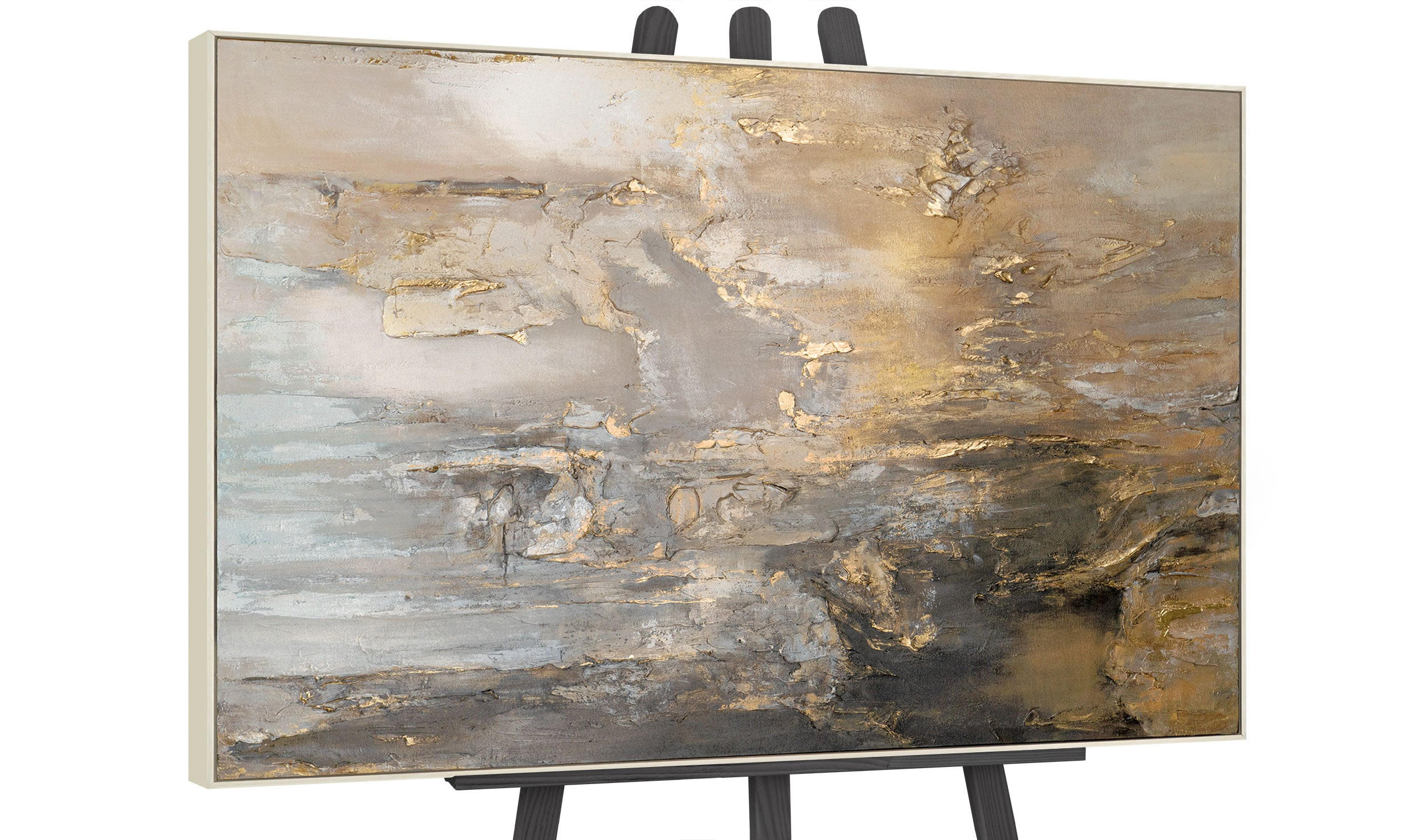 GEMÄLDE Goldene Horizonte II Schattenfugenrahmen Beige 140x100 cm - Beige, Holz (140/100cm) - YS-art gallery