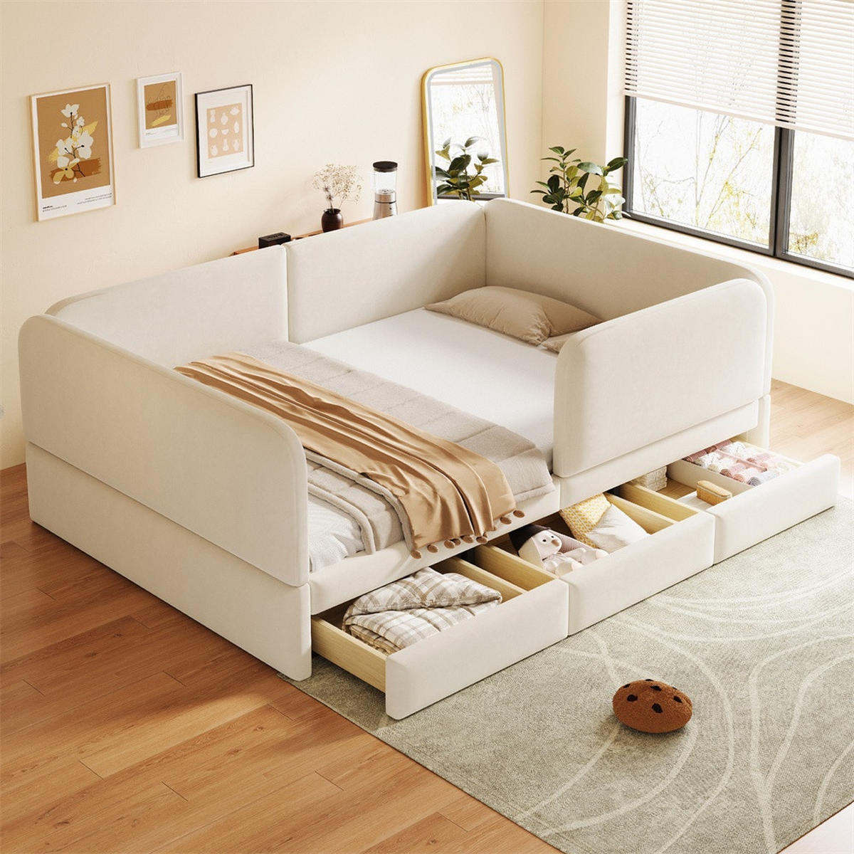 POLSTERBETT 140x200 cm mit Rundum-Sicherheitsumrandung & 3 Schubladen - Beige - Samt - ohne Matratze - Beige, Textil (140/200cm) - DELFA