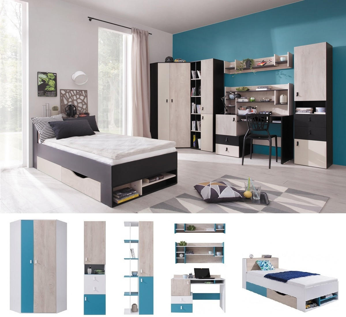 JUGENDZIMMER Space Set D mit Bett 90 x 200 - Weiß-Eiche-Türkis - Türkis/Eichefarben, Holzwerkstoff (90/190/90cm) - QMM TraumMöbel