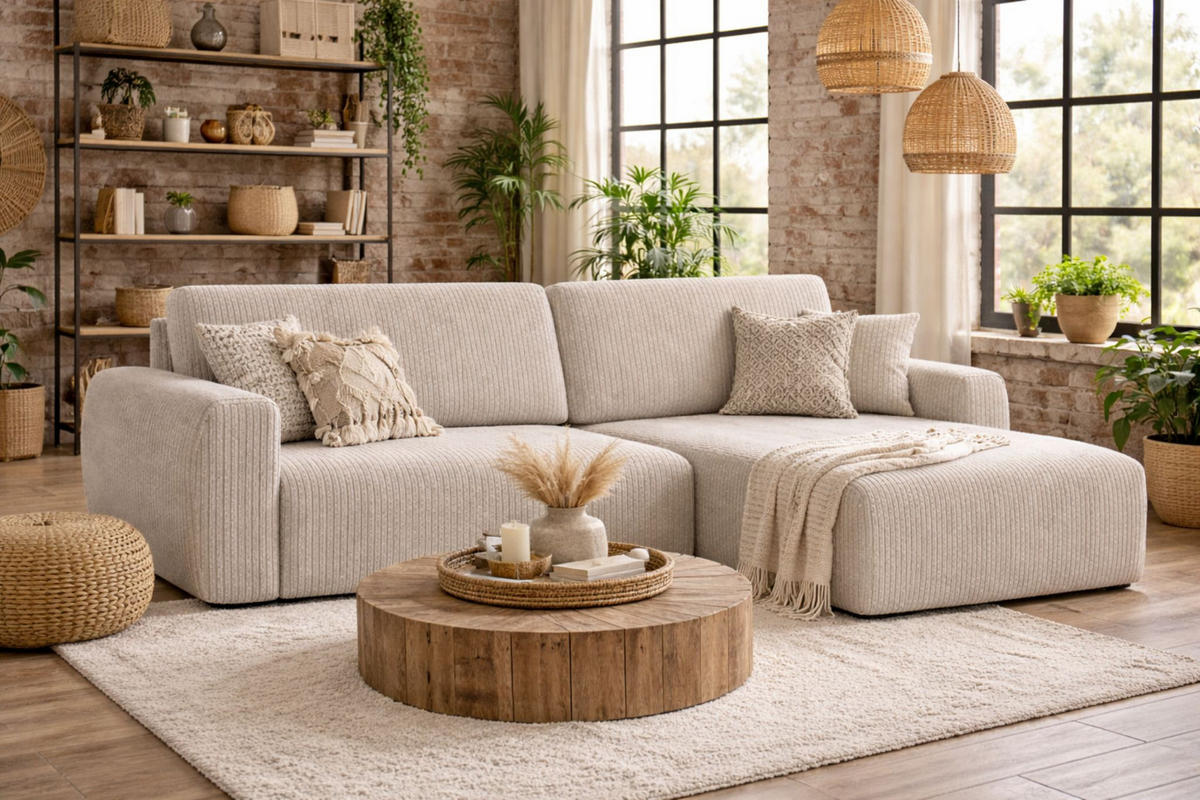 ECKSOFA Mit Schlaffunktion Ariel L, Cordstoff, Stoff Poso, Beige, Rechts - Beige, Holz (250/142cm) - Kaiser Möbel