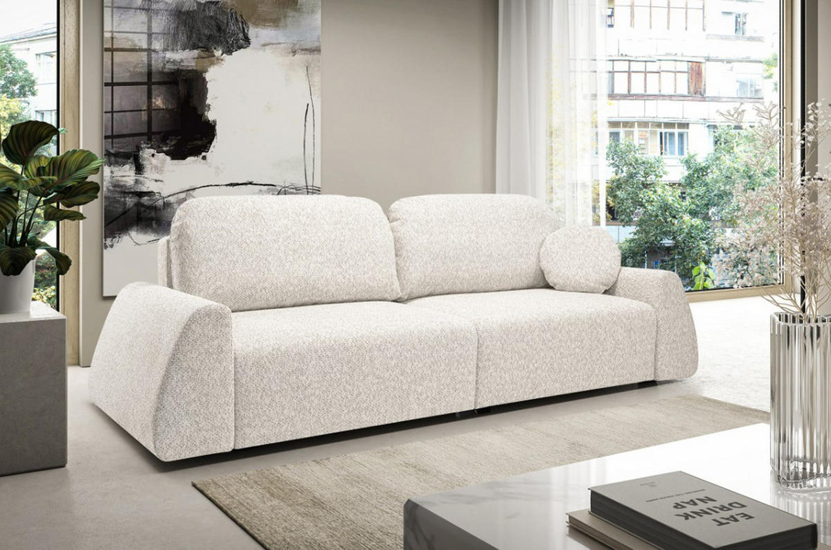 SCHLAFSOFA Moderne ALMI mit Schlaffunktion – 3-Sitzer Sofa mit Bettkasten, DL-Automat, 2 Rückenkissen, 260x100x80 cm, Beige - Beige, Holz/Textil (260/80/100cm) - DomoHome