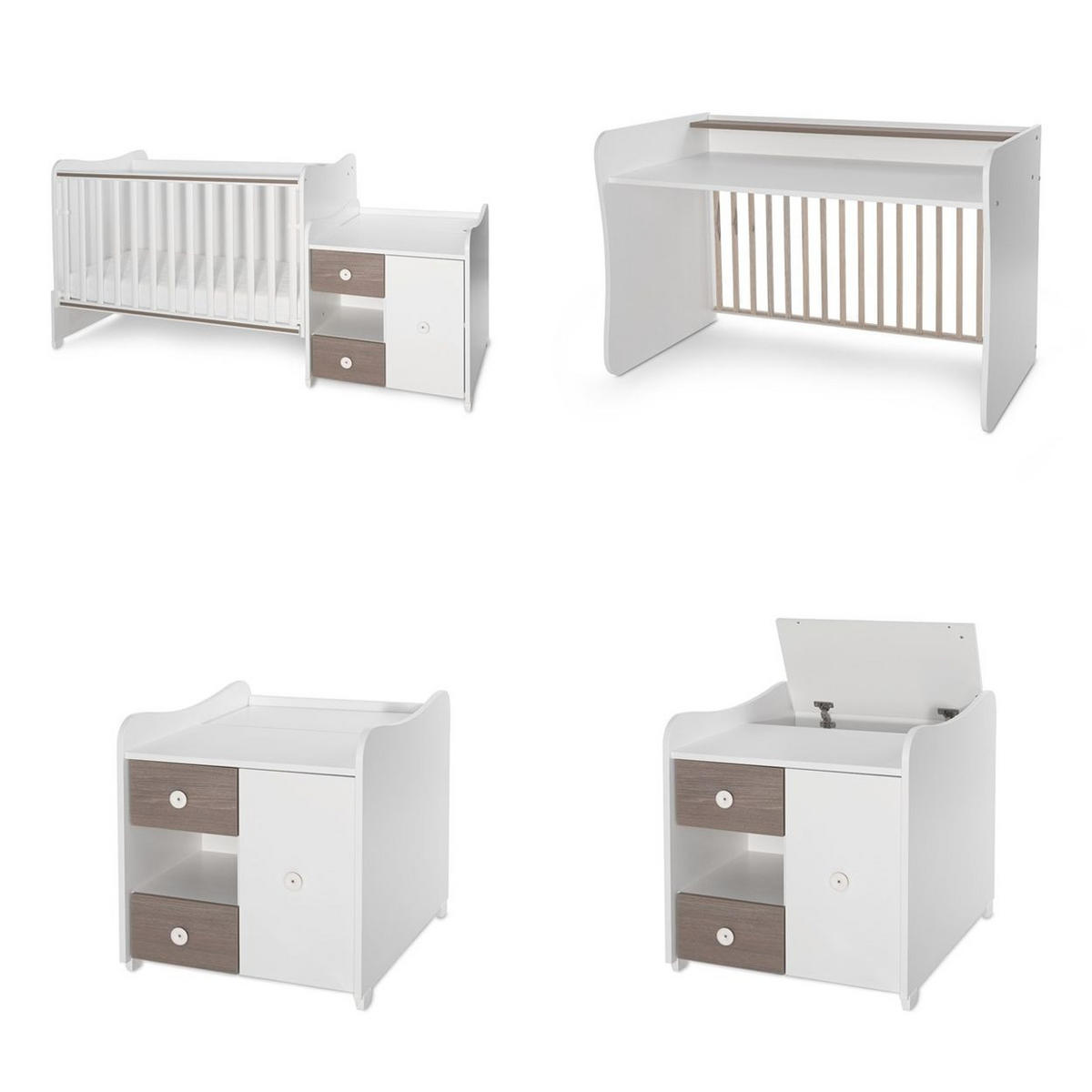 BABYBETT Mini Max 3 in 1 braun weiß 120 x 60 cm, Jugendbett 190 x 72 cm, Wickelkommode, Schaukelfunktion - Braun, Holzwerkstoff (72/190cm) - Lorelli