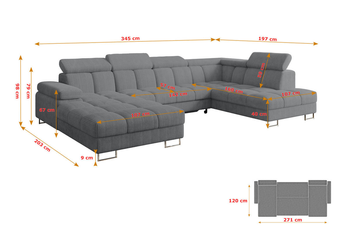 WOHNLANDSCHAFT mit Schlaffunktion und Bettkasten Ottomane RECHTS COMA U 345x203x79 Dunkelgrau Cord - Graphitfarben, Holzwerkstoff/Textil (203/79/345cm) - ALTDECOR