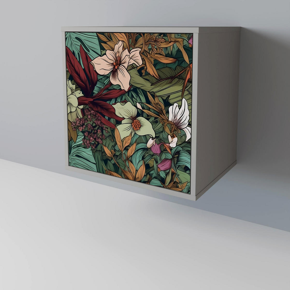 SIDEBOARD BOTANICAL EMERGENCE, Grau, 57,5x42x67,5 cm, Schwarze Metall-Rahmenfüße - Multicolor/Schwarz, Holzwerkstoff/Metall (57.5/67.5/42cm) - SpaceRebels