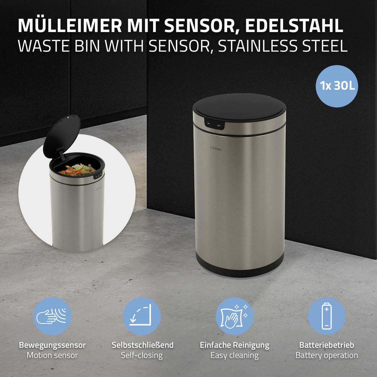 MÜLLEIMER mit Sensor 30L rund aus Edelstahl Silber - Silberfarben, Metall (29/52/29cm) - ML-DESIGN