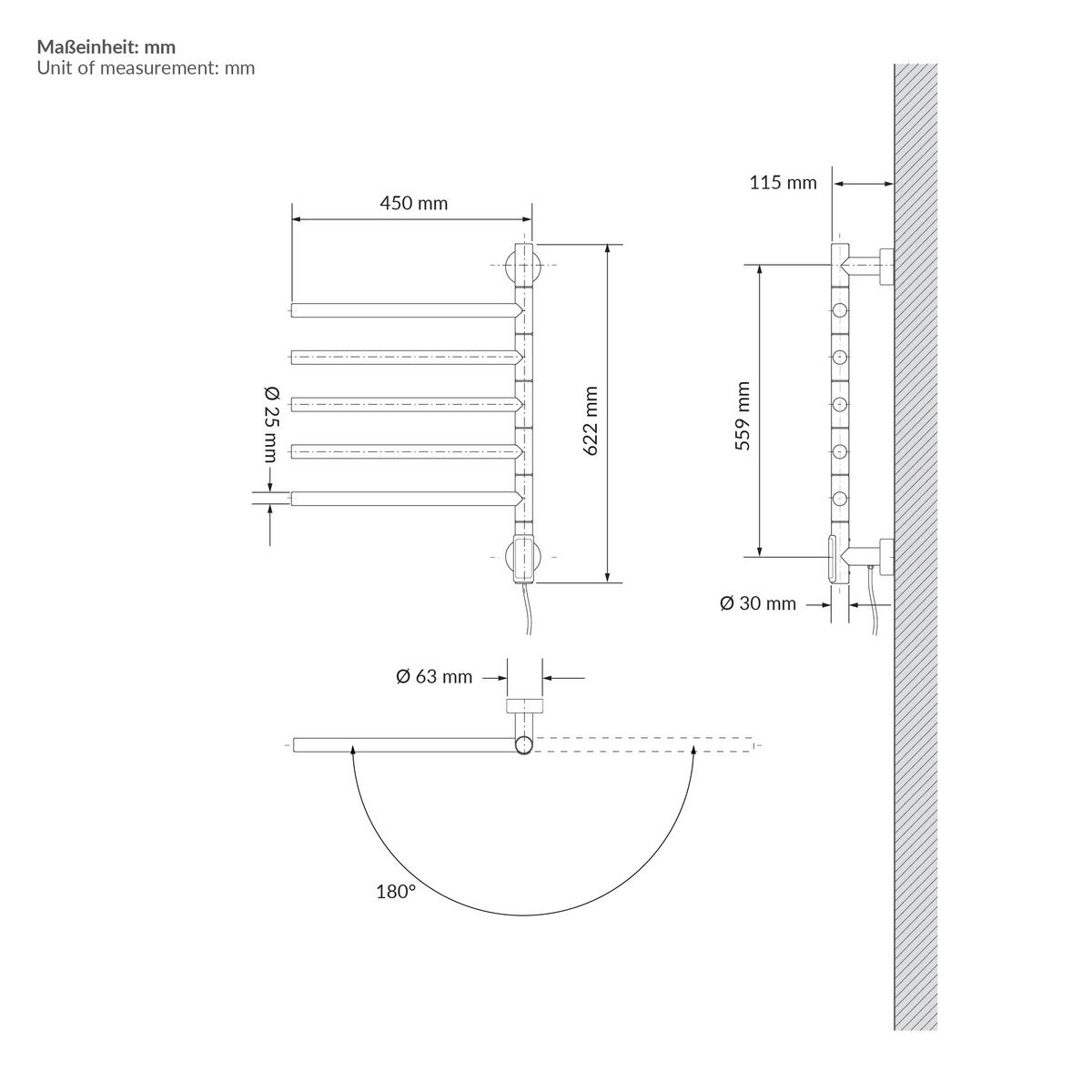 HANDTUCHWÄRMER Elektrisch Weiß 75W 450x622 mm 180° drehbar - Weiß, Metall (45/62.2/3cm) - LuxeBath