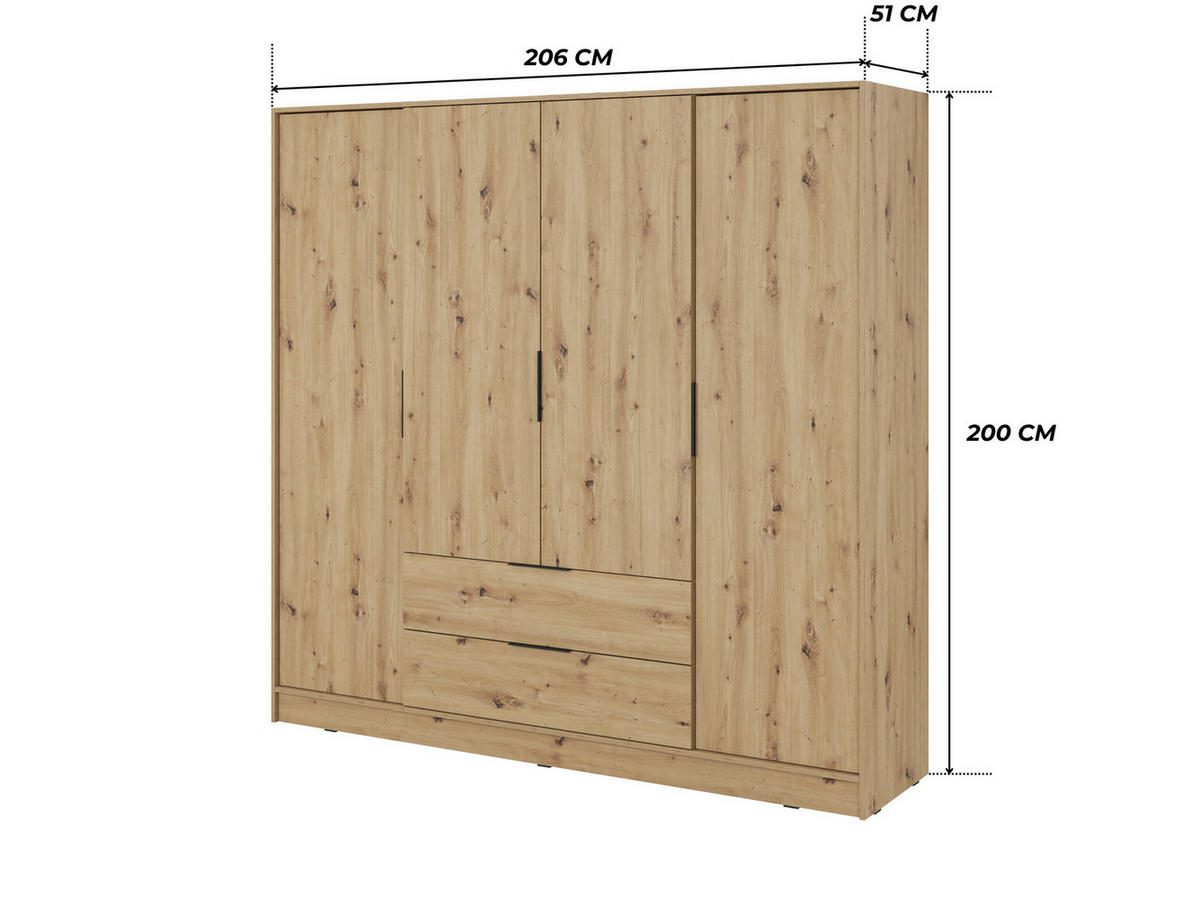 GROSSER Kleiderschrank RICADI 4D (Artisan Eiche, 4 Türen, 2 Schubladen, Kleiderstange, Kunststoffgriffe) - Schwarz/Eiche Artisan, Holz/Holzwerkstoff (206/200/51cm) - Ravio