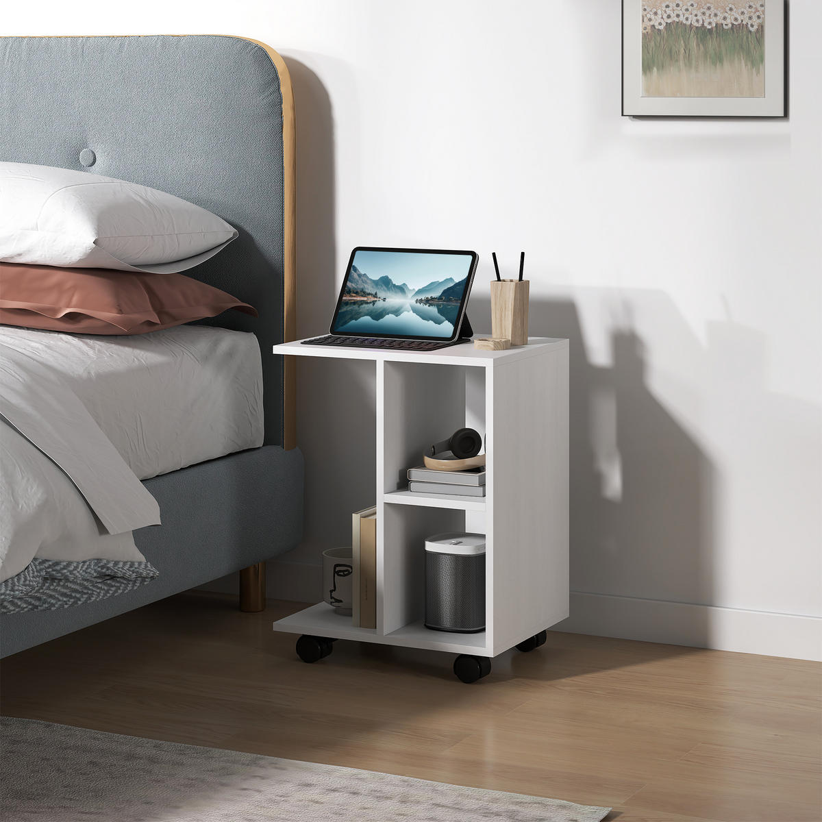 BEISTELLTISCH in C-Form, Couchtisch mit Rollen, 45 x 35 x 58 cm, Weiß - Weiß, Holzwerkstoff (45/35/58cm) - HOMCOM