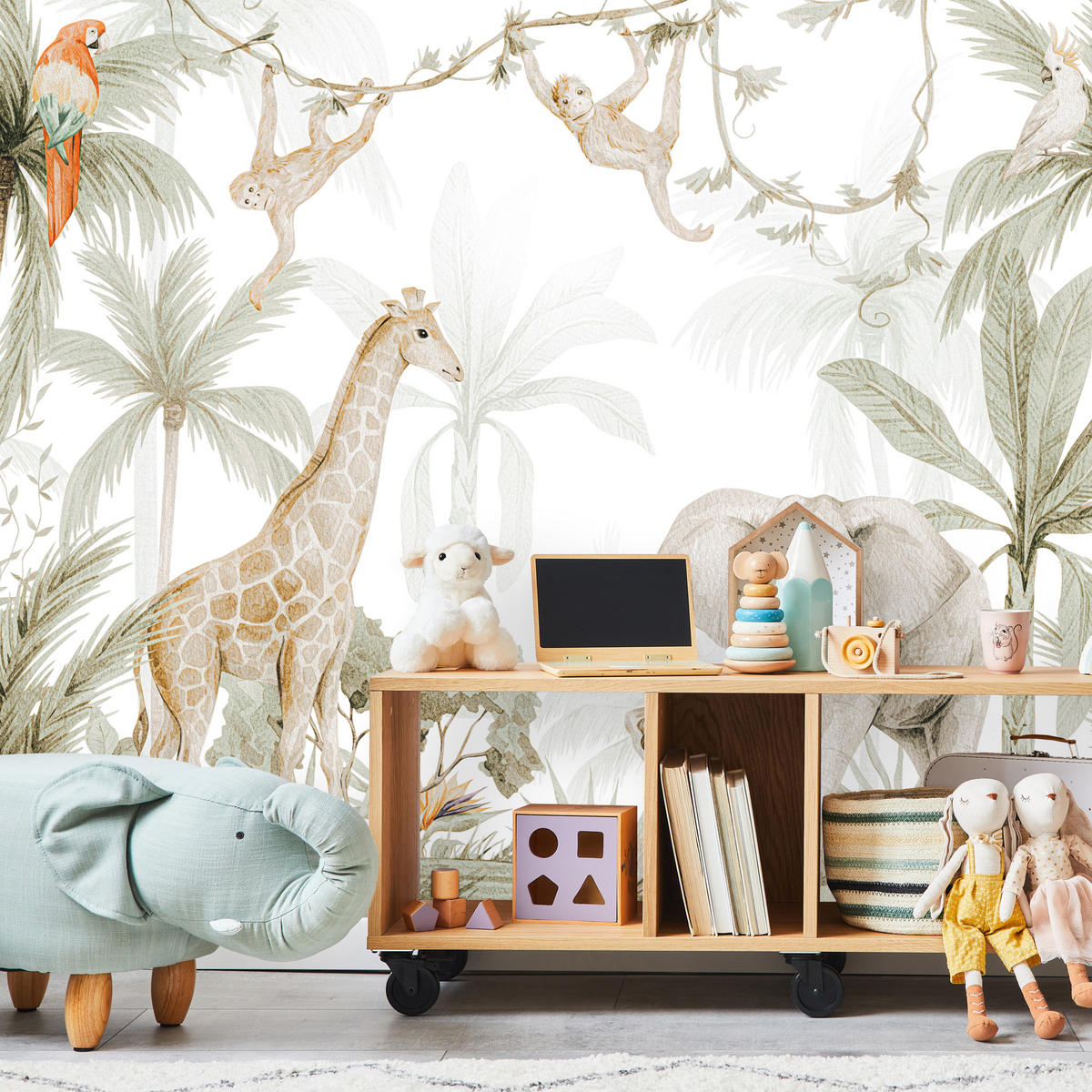 FOTOTAPETE für Kinderzimmer Dschungel Tiere Giraffe Elefant Palmen 500x350 - Ecru/Braun, Papier (500/350cm) - Muralo