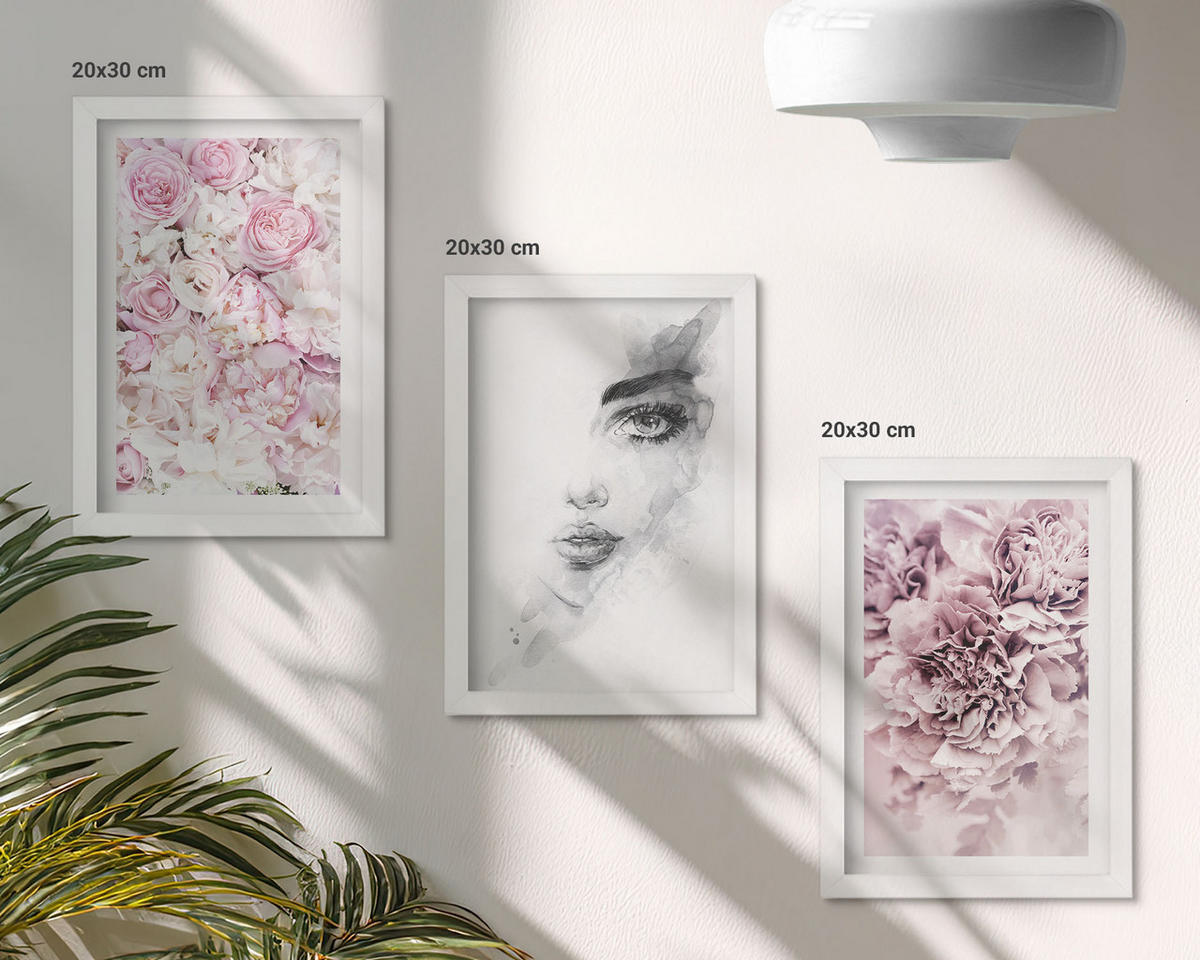 WANDBILDER 3er-Set - 20x30 cm Weißer Rahmen - Pfingstrosenporträt einer Frau in Schwarzweiß - Weiß, Kunststoff (20/30cm) - ArtPrintCave
