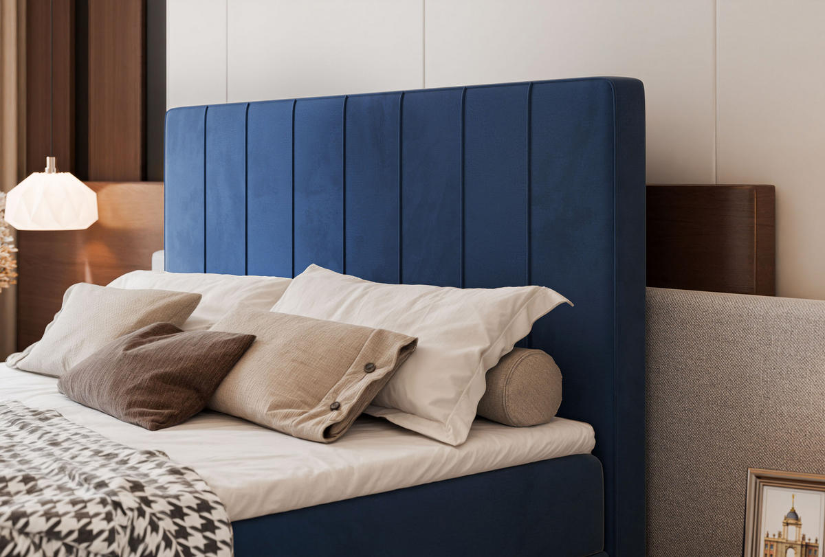 BOXBETT VERA 120x200 cm mit Matratze und Topper, Dichter wasserabweisender Samt Marineblau - Dunkelblau, Textil (120/200cm) - Idohome