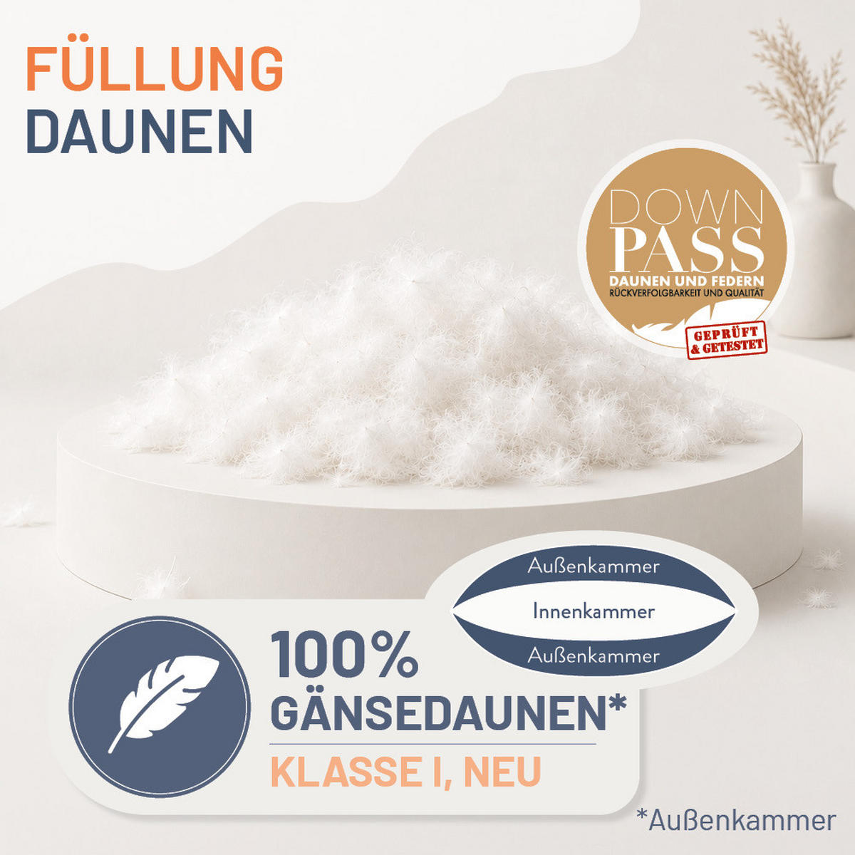 KOPFKISSEN 80x80 cm weich & stützend, 3-Kammer Daunenkissen 100% Gänsedaunen (Außen) - Weiß, Textil (80/80cm) - casimum