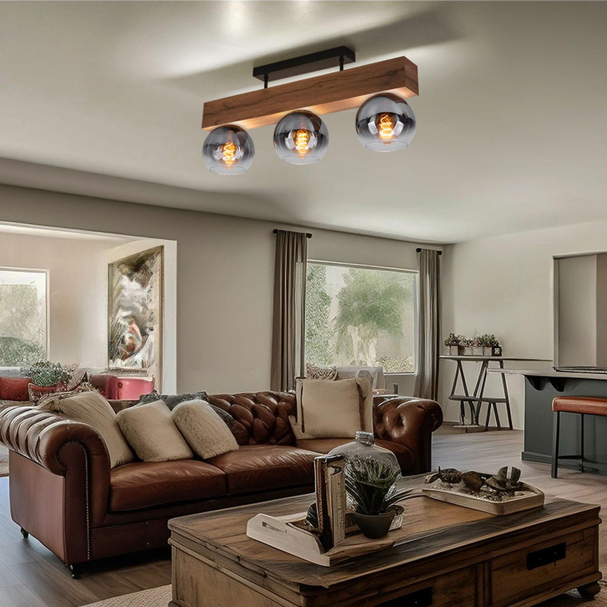 DECKENLEUCHTE MOITAS Braun Holzoptik - Braun, Glas (65/15/28cm) - Globo Lighting